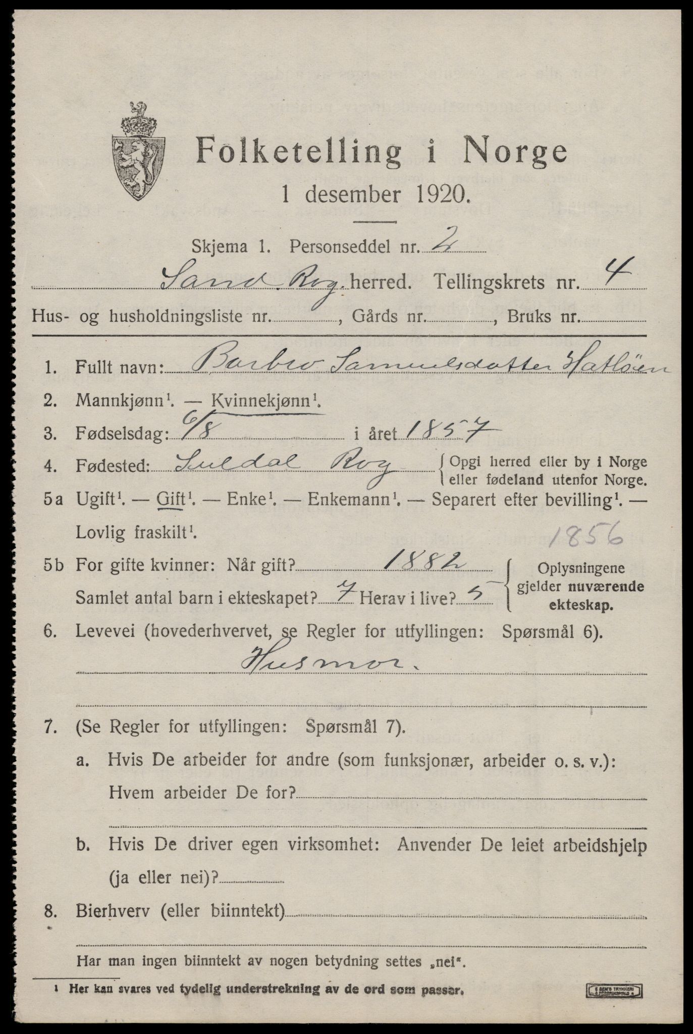 SAST, 1920 census for Sand, 1920, p. 1883