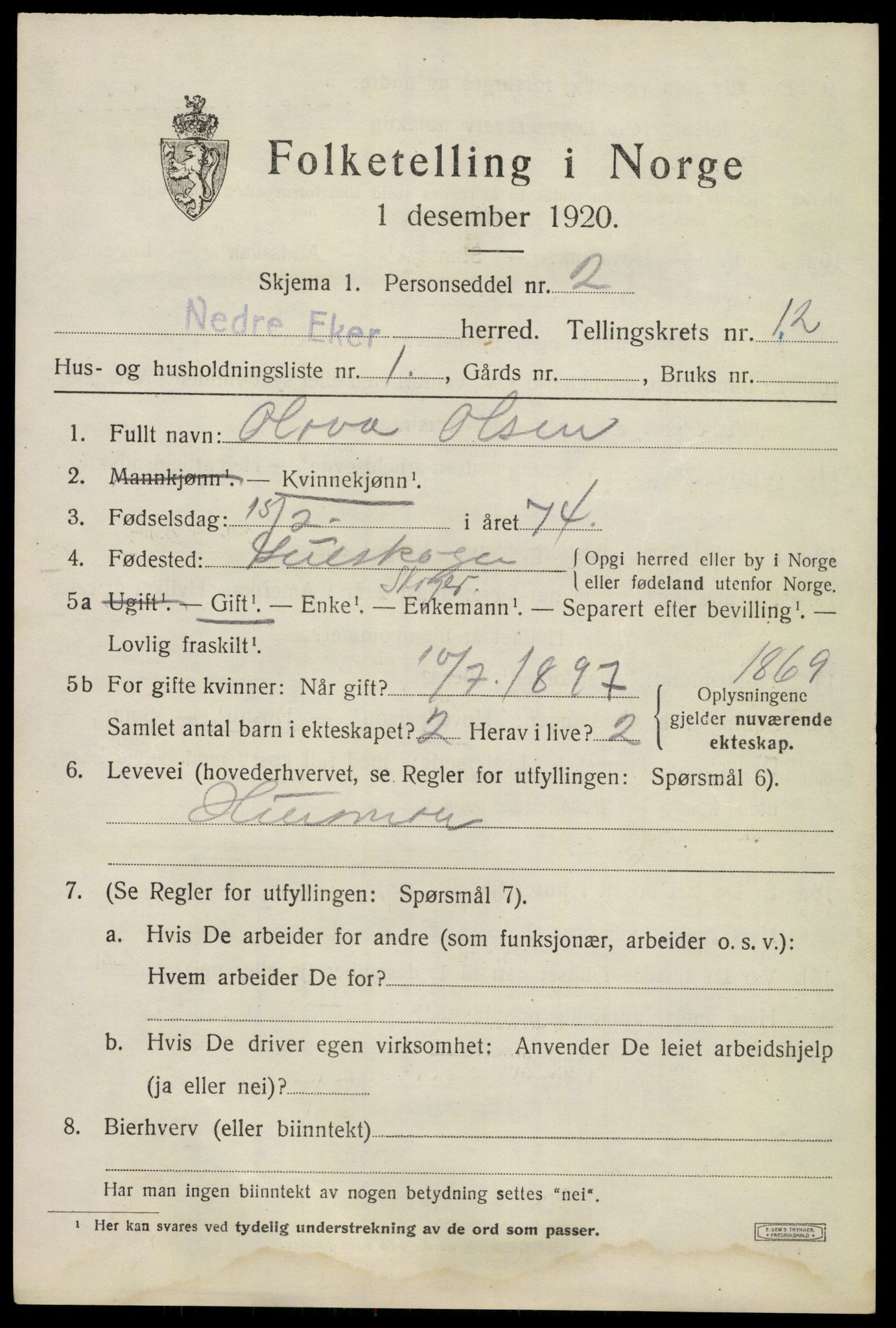 SAKO, 1920 census for Nedre Eiker, 1920, p. 12867