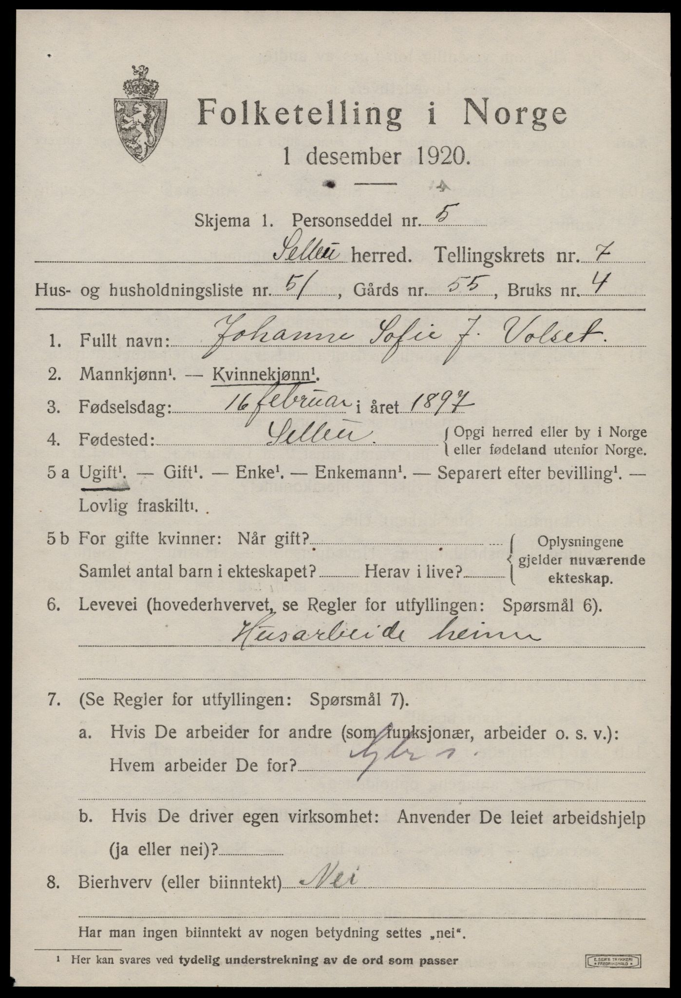 SAT, 1920 census for Selbu, 1920, p. 4422