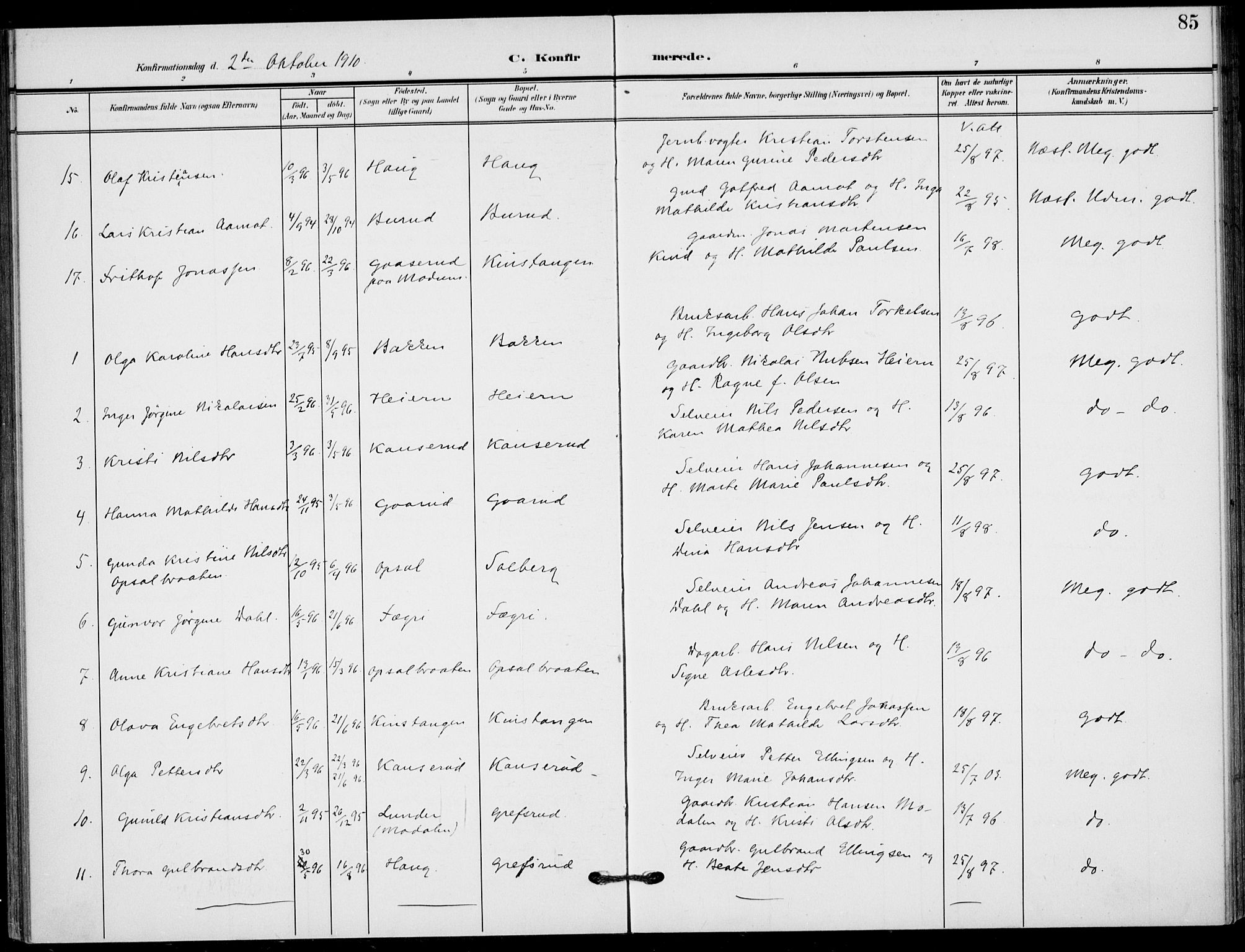 Hole kirkebøker, AV/SAKO-A-228/F/Fb/L0003: Parish register (official) no. II 3, 1906-1916, p. 85