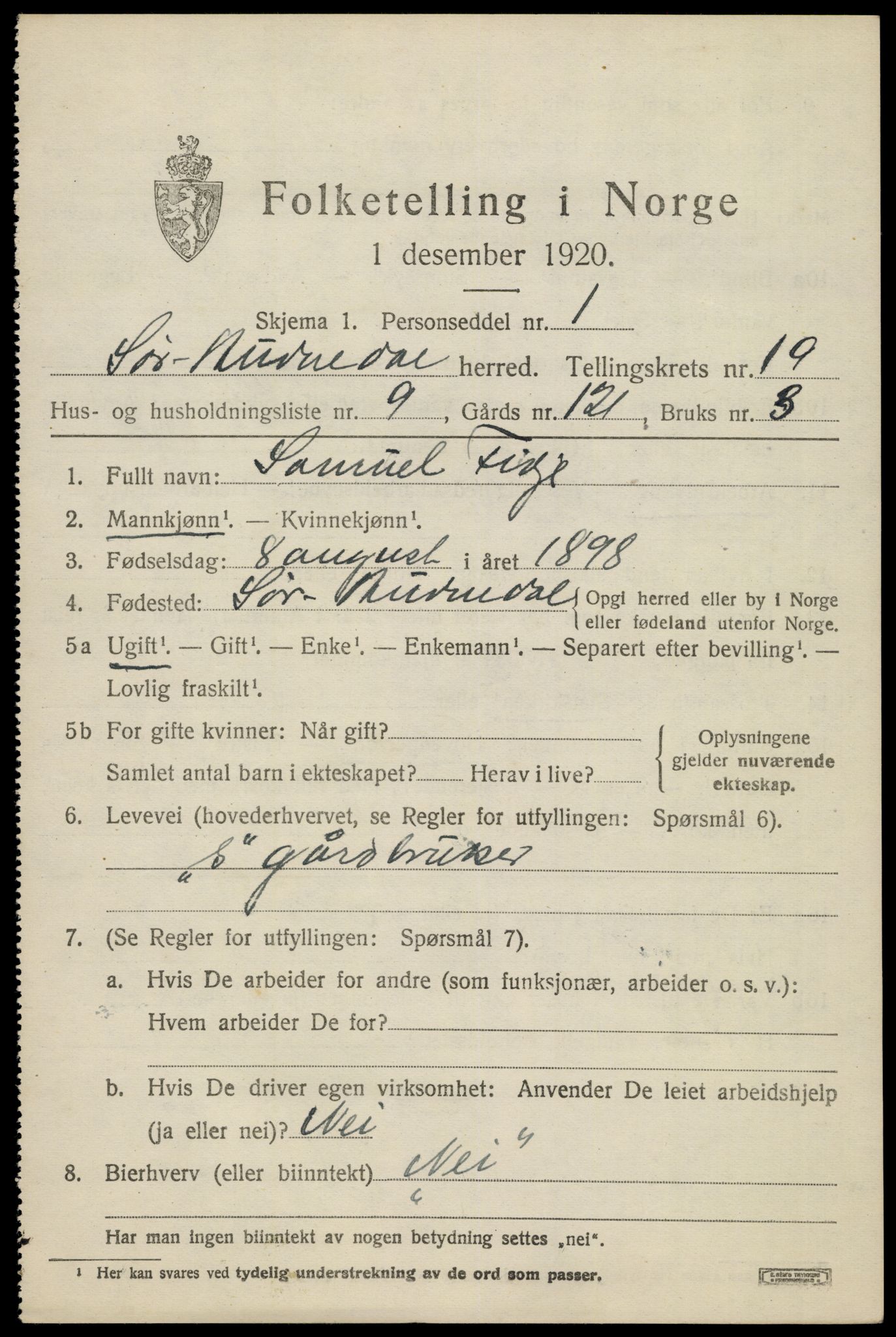 SAK, 1920 census for Sør-Audnedal, 1920, p. 6663