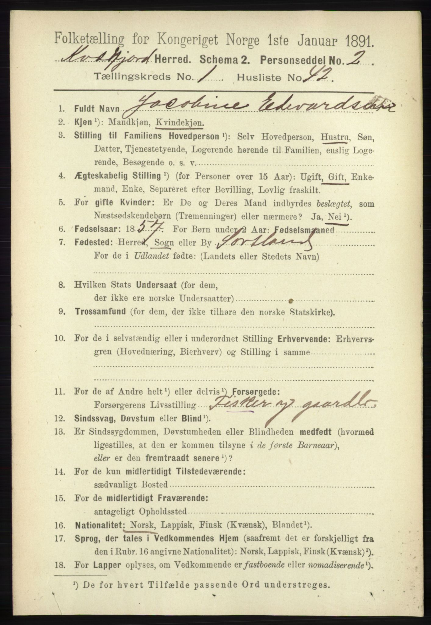 RA, 1891 census for 1911 Kvæfjord, 1891, p. 364