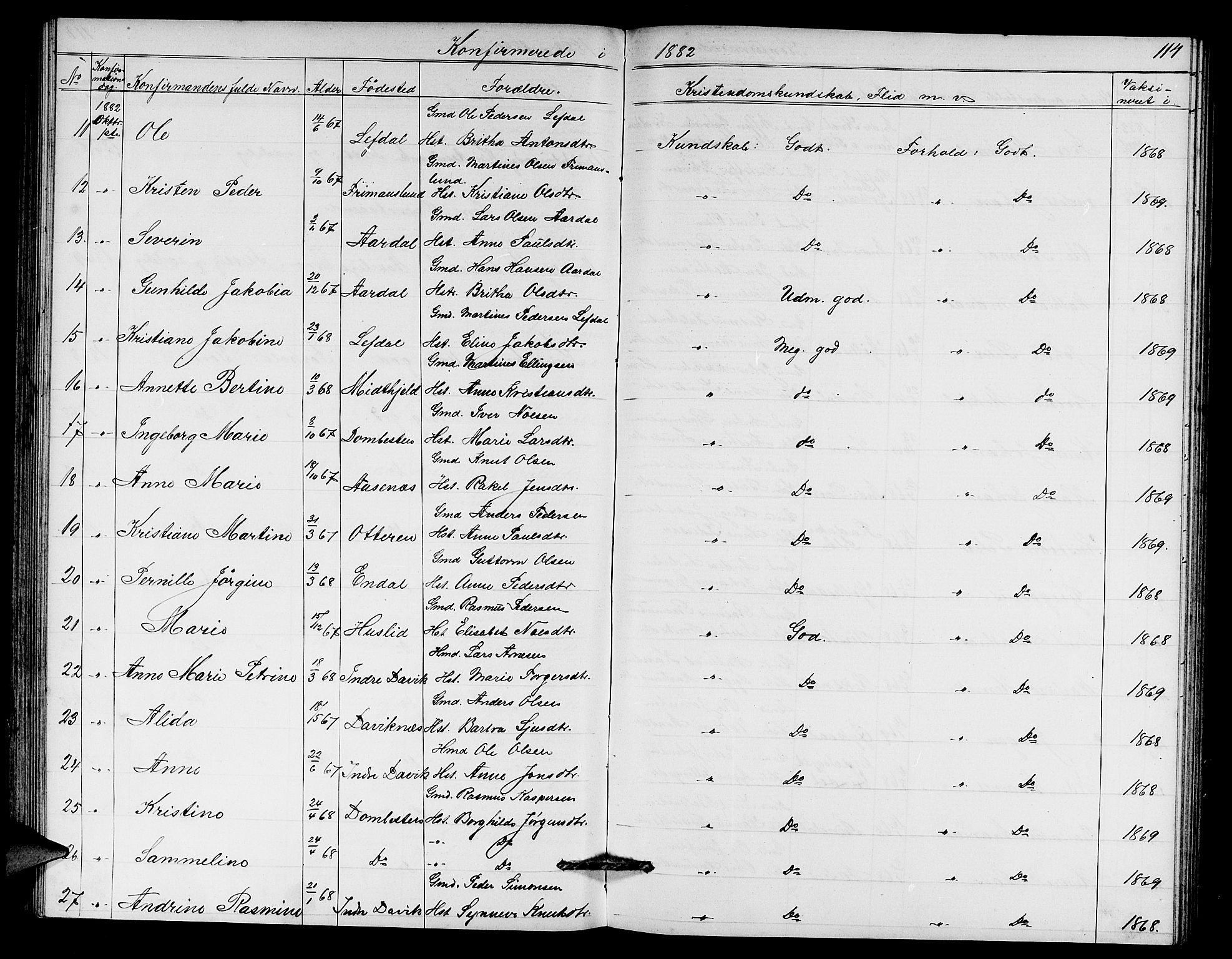 Davik sokneprestembete, AV/SAB-A-79701/H/Hab/Haba/L0001: Parish register (copy) no. A 1, 1866-1889, p. 114