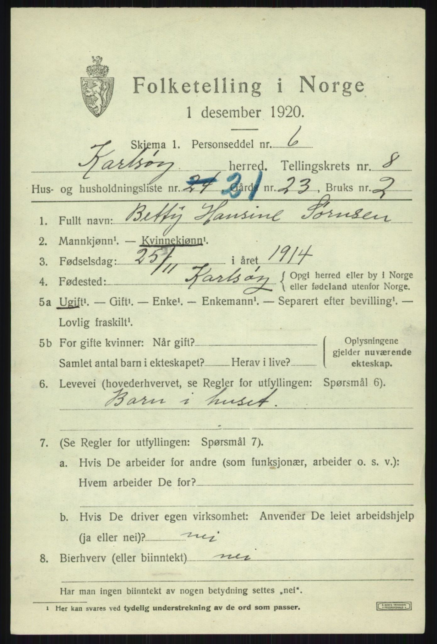 SATØ, 1920 census for Karlsøy, 1920, p. 3305