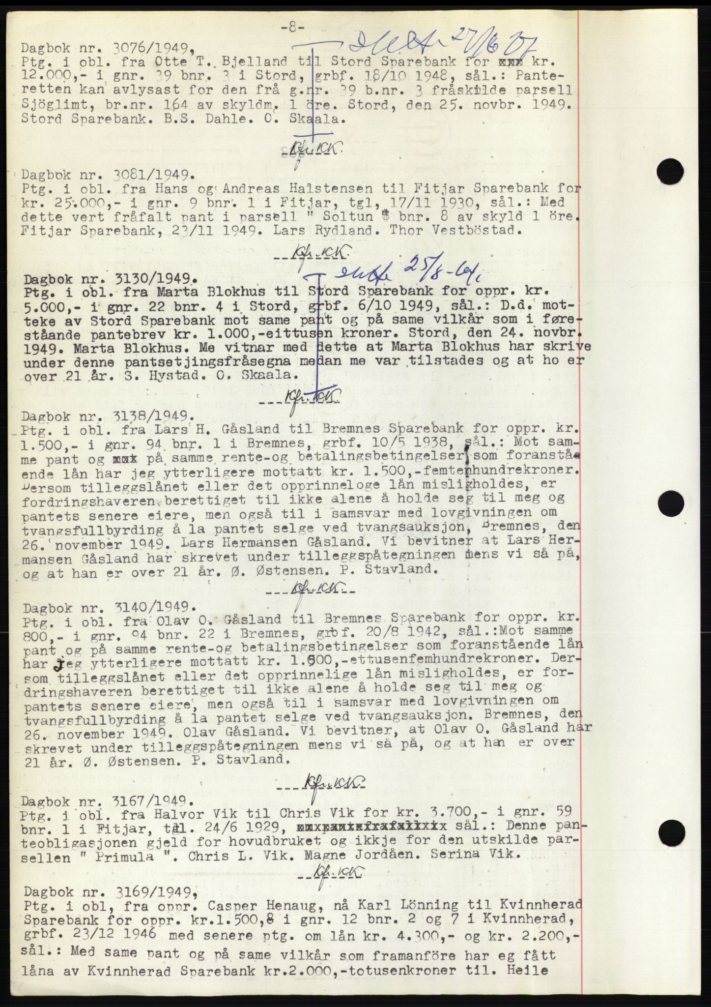 Sunnhordland sorenskrivar, AV/SAB-A-2401: Mortgage book no. B75-79, 1948-1950, Diary no: : 3076/1949
