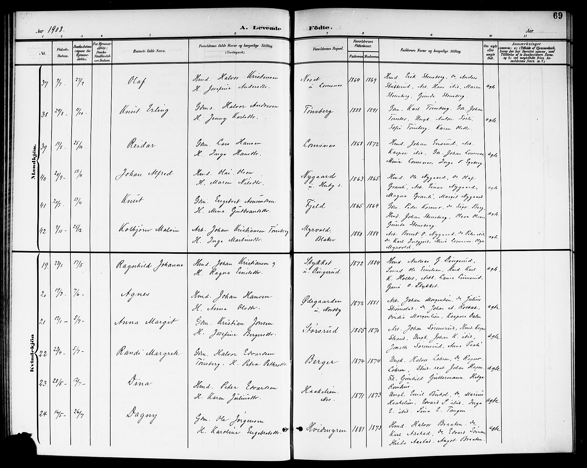 Aurskog prestekontor Kirkebøker, SAO/A-10304a/G/Ga/L0004: Parish register (copy) no. I 4, 1901-1921, p. 69