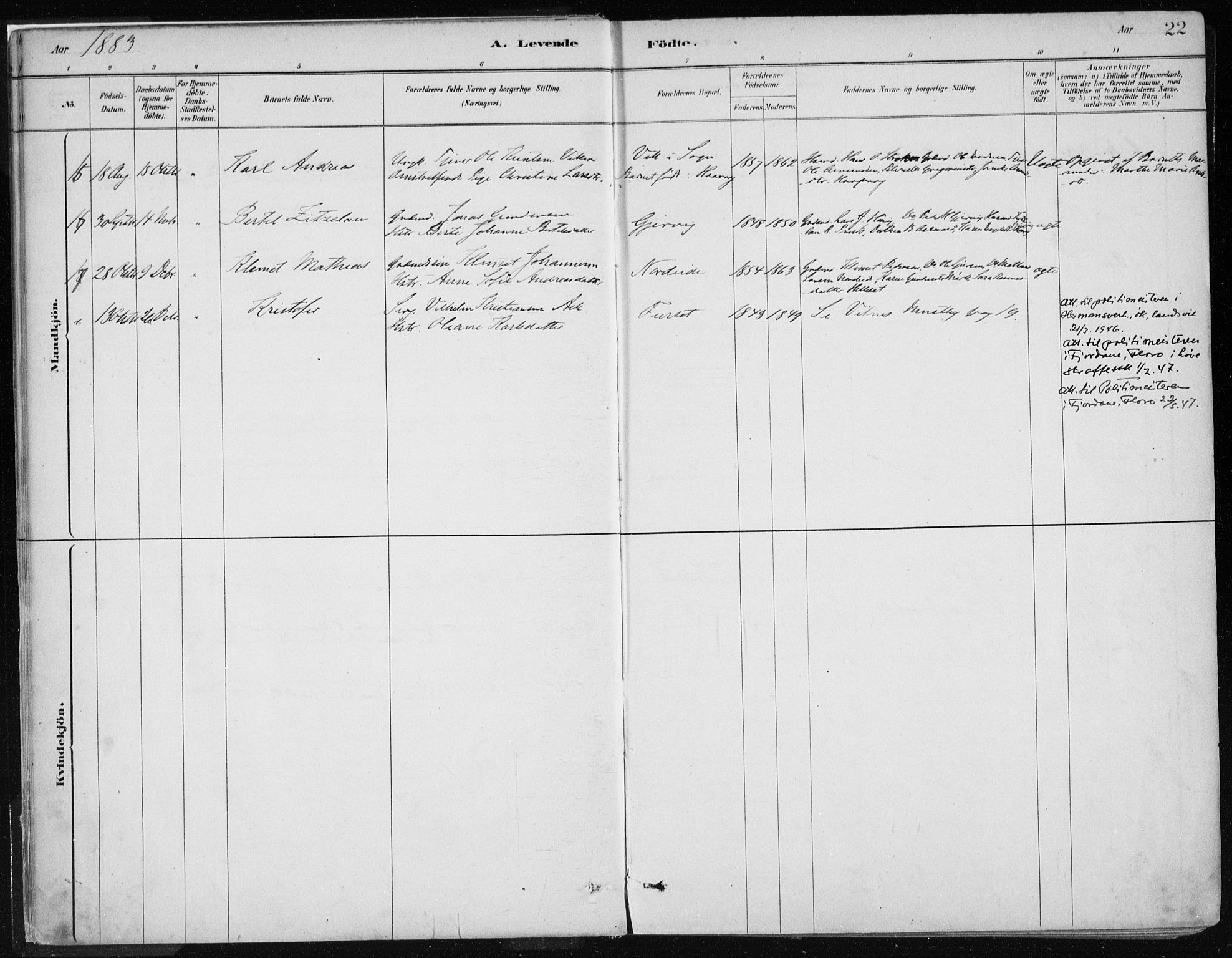 Askvoll sokneprestembete, AV/SAB-A-79501/H/Haa/Haab/L0002: Parish register (official) no. B 2, 1879-1909, p. 22