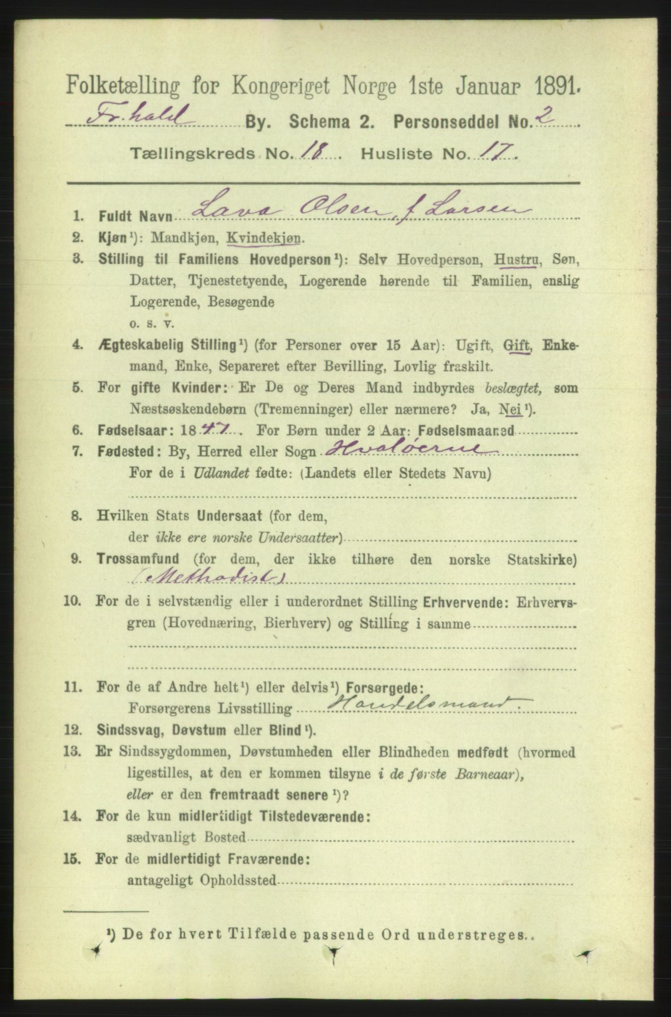 RA, 1891 census for 0101 Fredrikshald, 1891, p. 11565