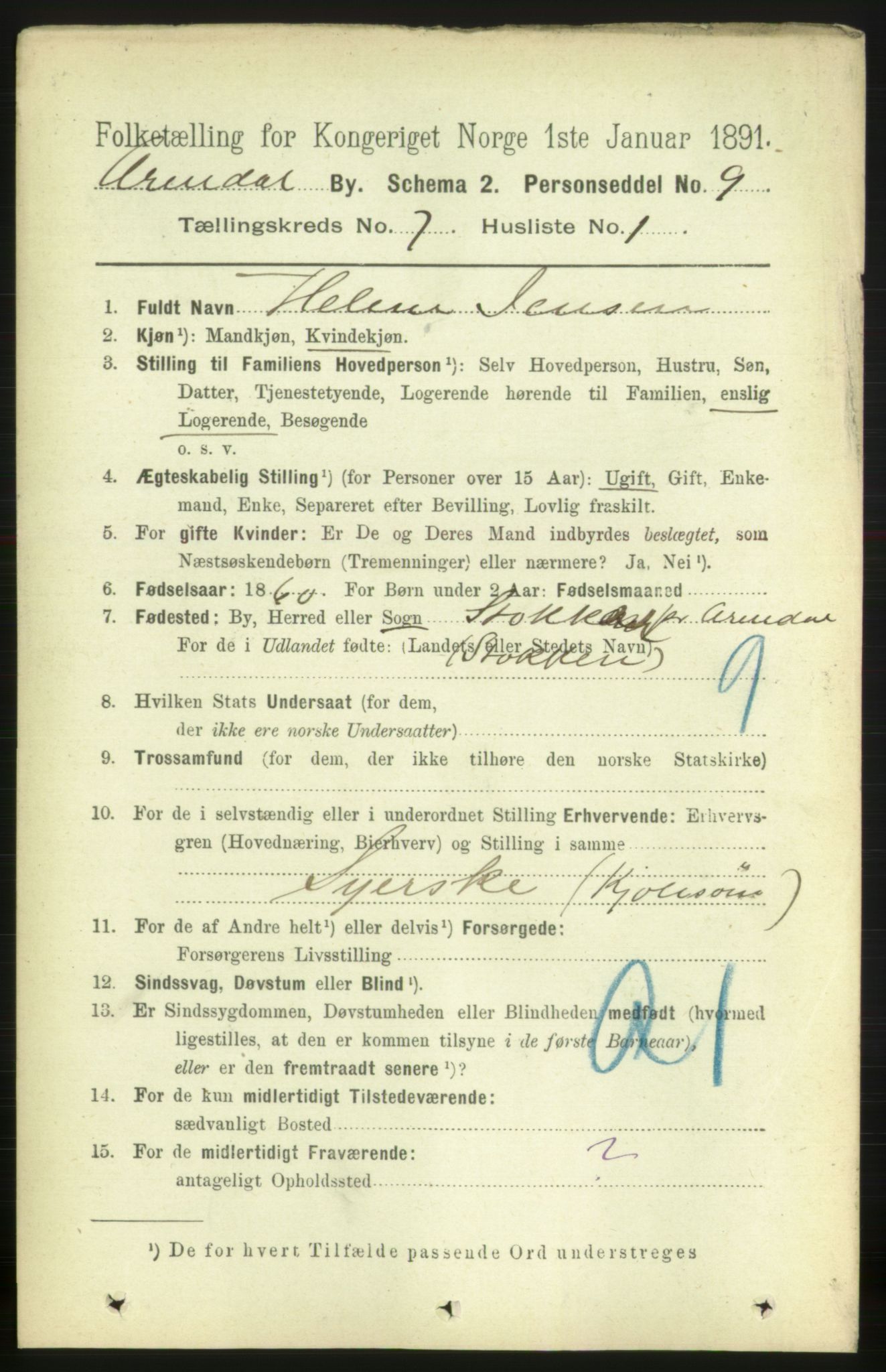 RA, 1891 census for 0903 Arendal, 1891, p. 2536