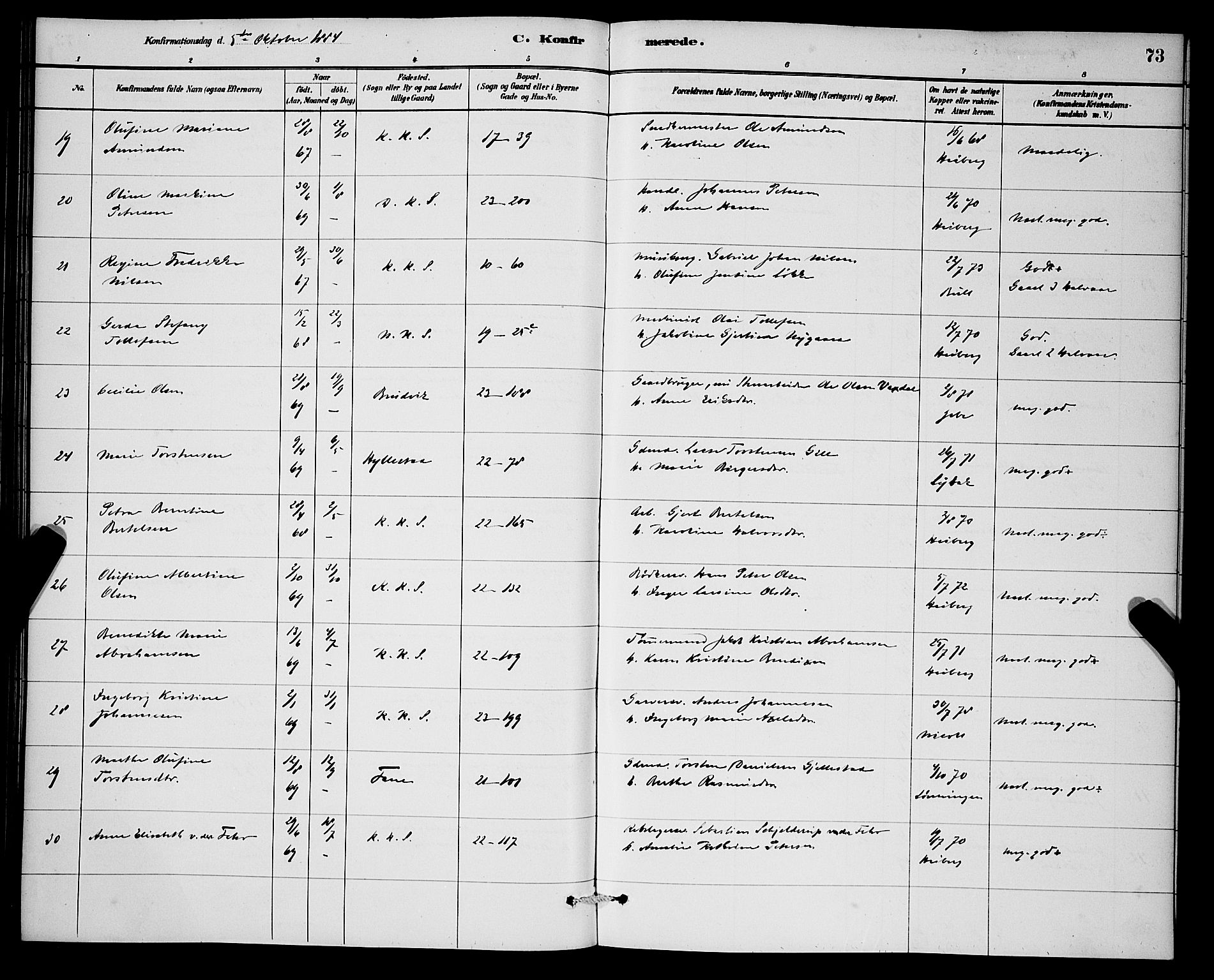 Korskirken sokneprestembete, AV/SAB-A-76101/H/Hab: Parish register (copy) no. C 3, 1880-1892, p. 73