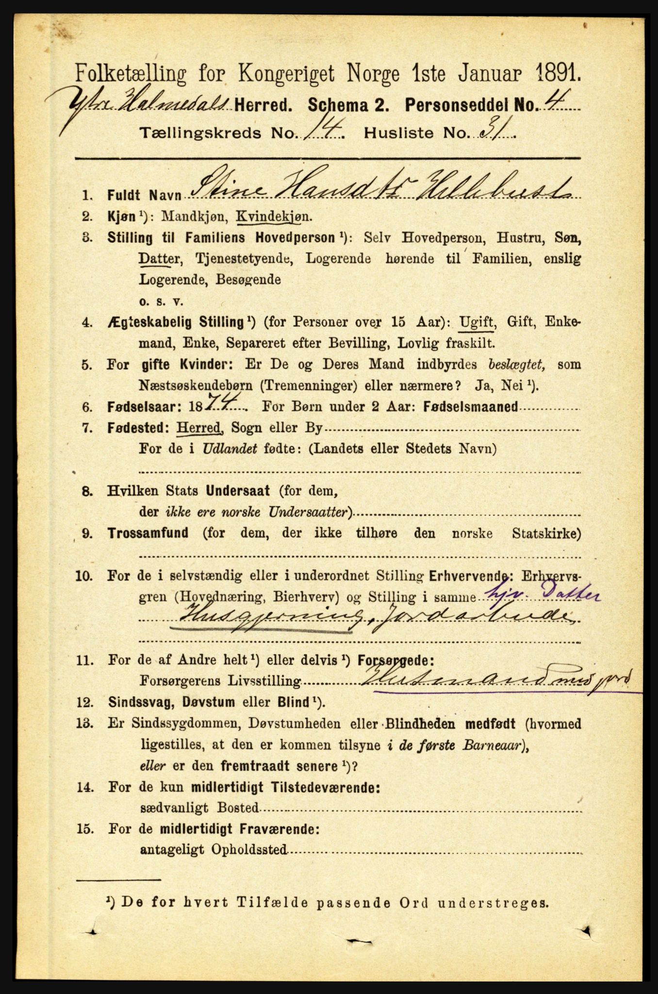 RA, 1891 census for 1429 Ytre Holmedal, 1891, p. 3948