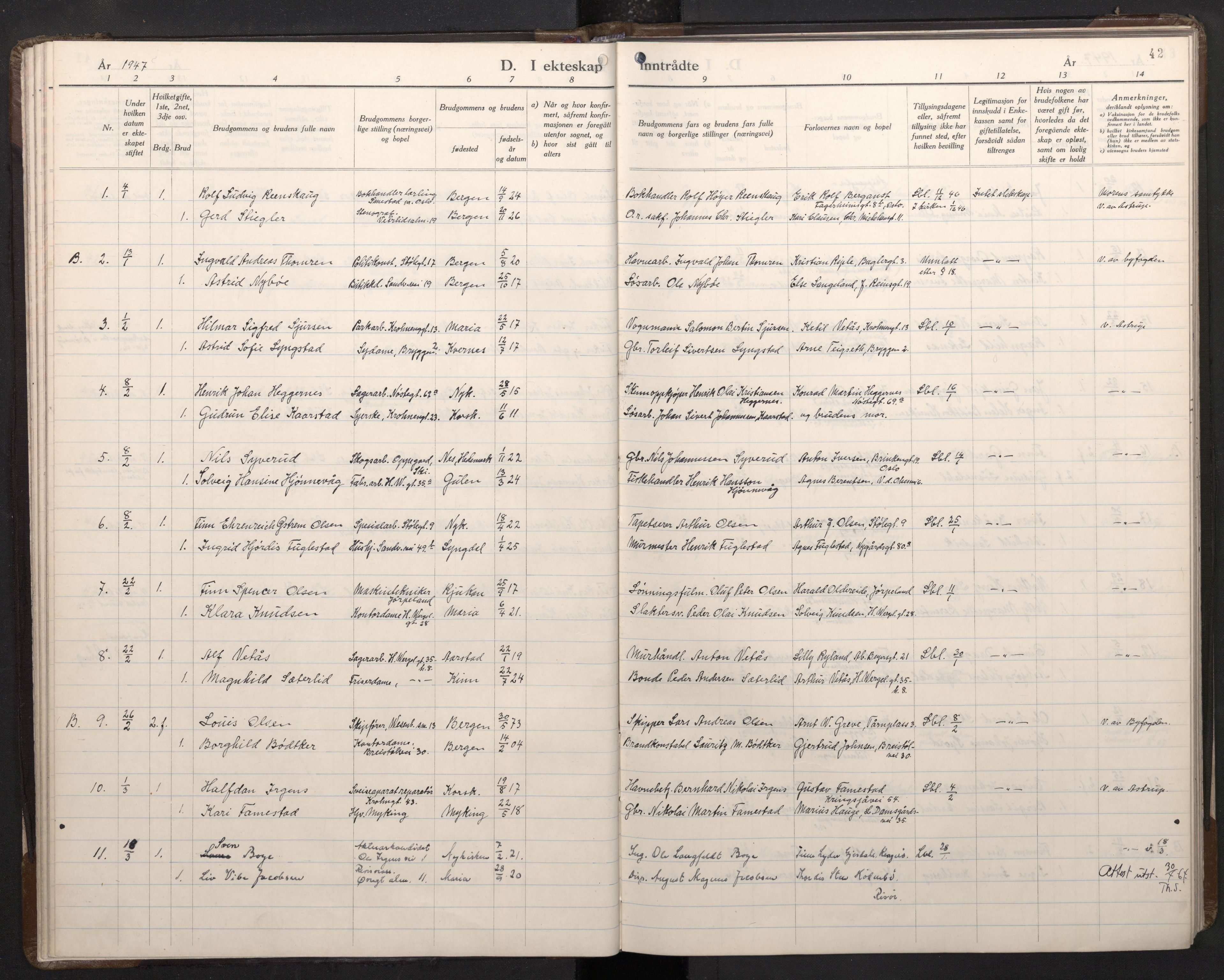 Mariakirken Sokneprestembete, SAB/A-76901/H/Haa/L0019: Parish register (official) no. D 1, 1939-1963, p. 41b-42a