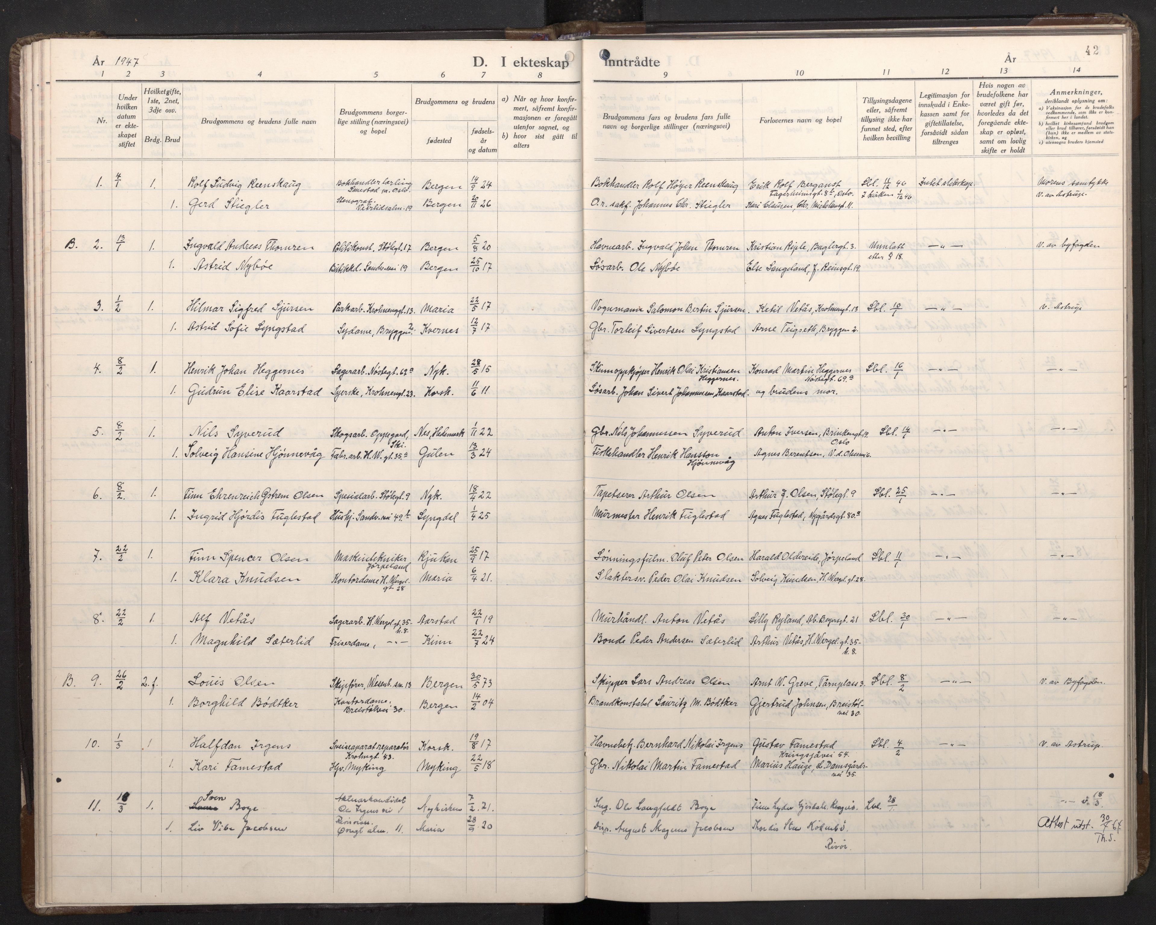 Mariakirken Sokneprestembete, AV/SAB-A-76901/H/Haa/L0019: Parish register (official) no. D 1, 1939-1963, p. 41b-42a