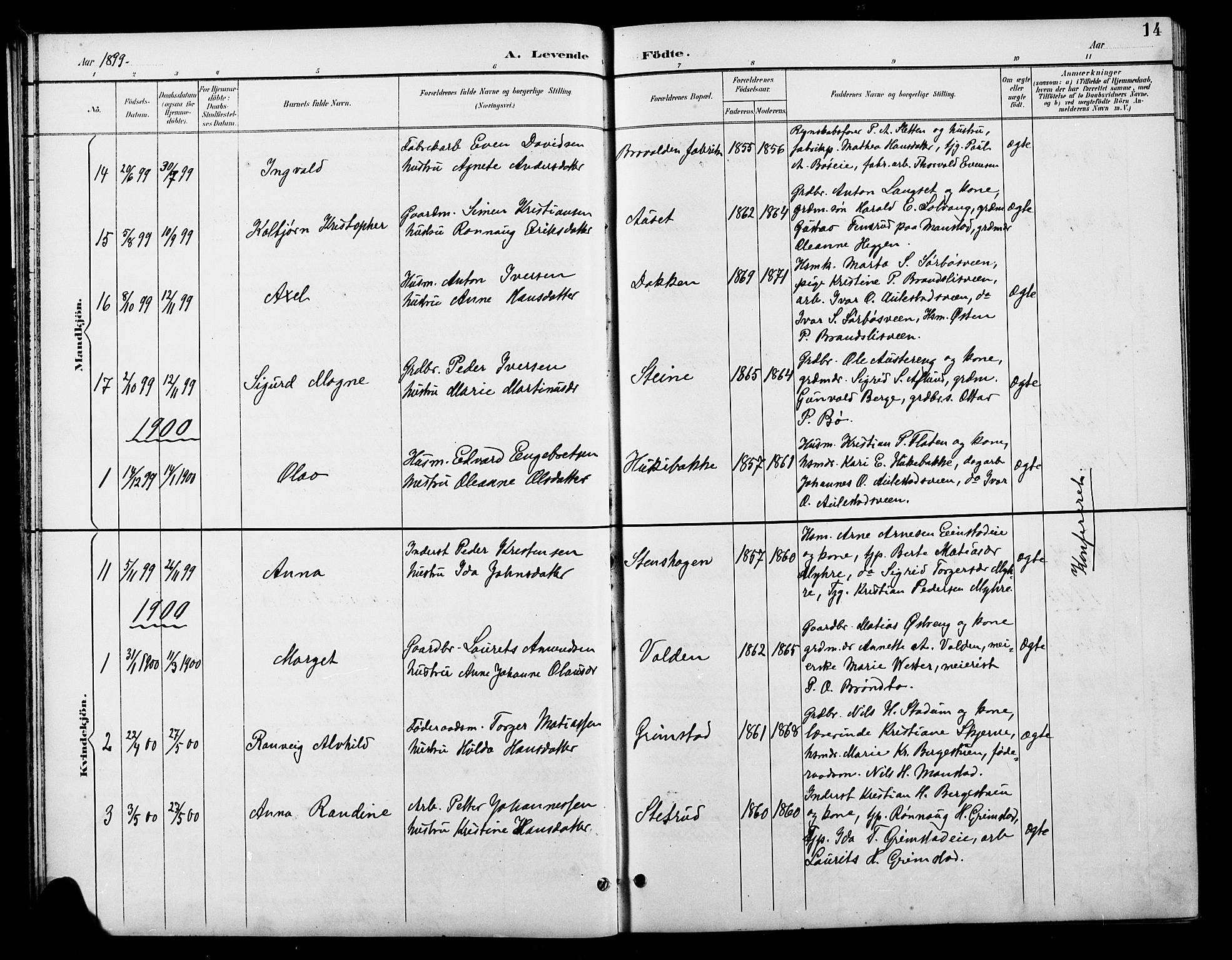 Østre Gausdal prestekontor, SAH/PREST-092/H/Ha/Hab/L0003: Parish register (copy) no. 3, 1894-1915, p. 14