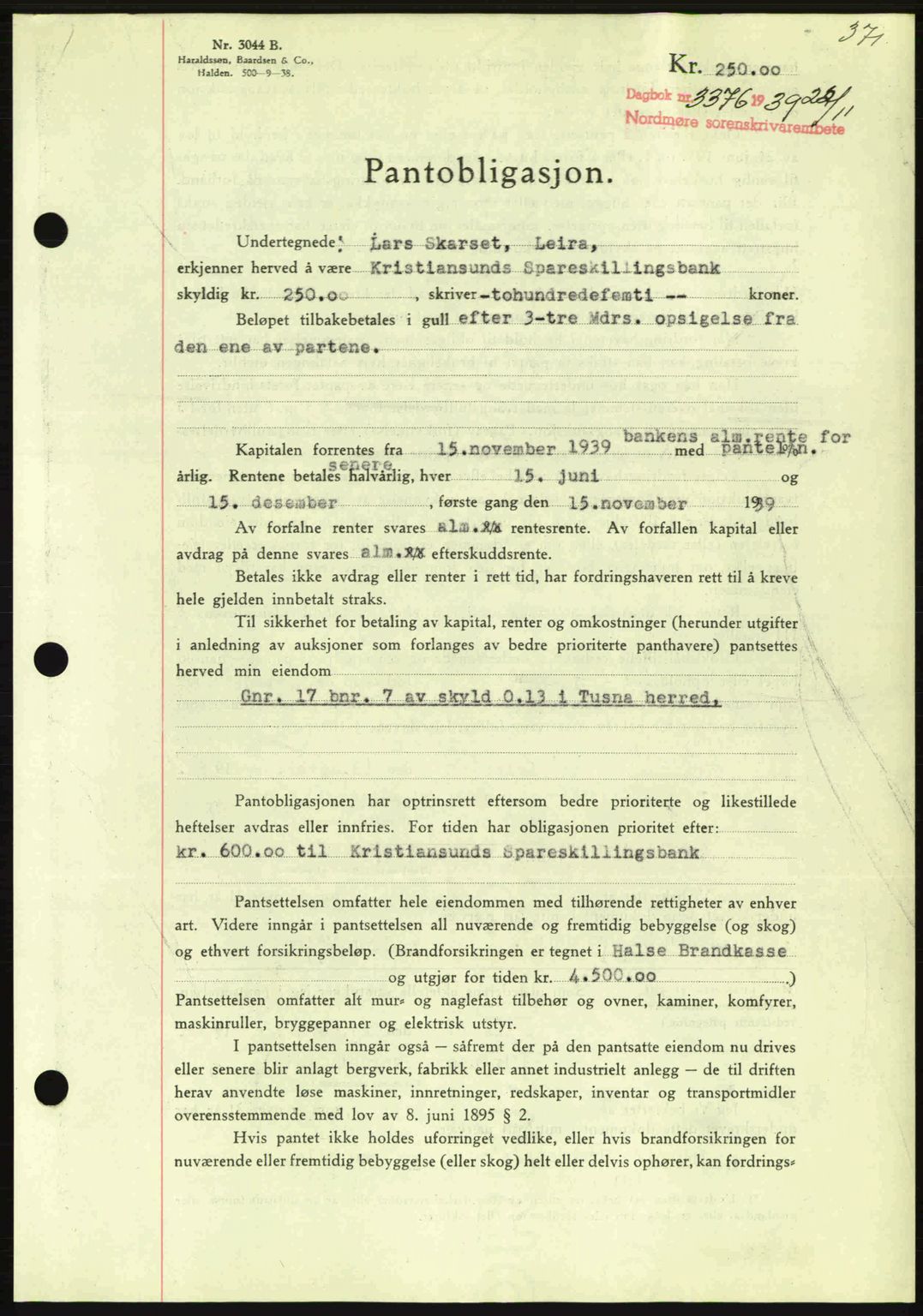 Nordmøre sorenskriveri, AV/SAT-A-4132/1/2/2Ca: Mortgage book no. B86, 1939-1940, Diary no: : 3376/1939