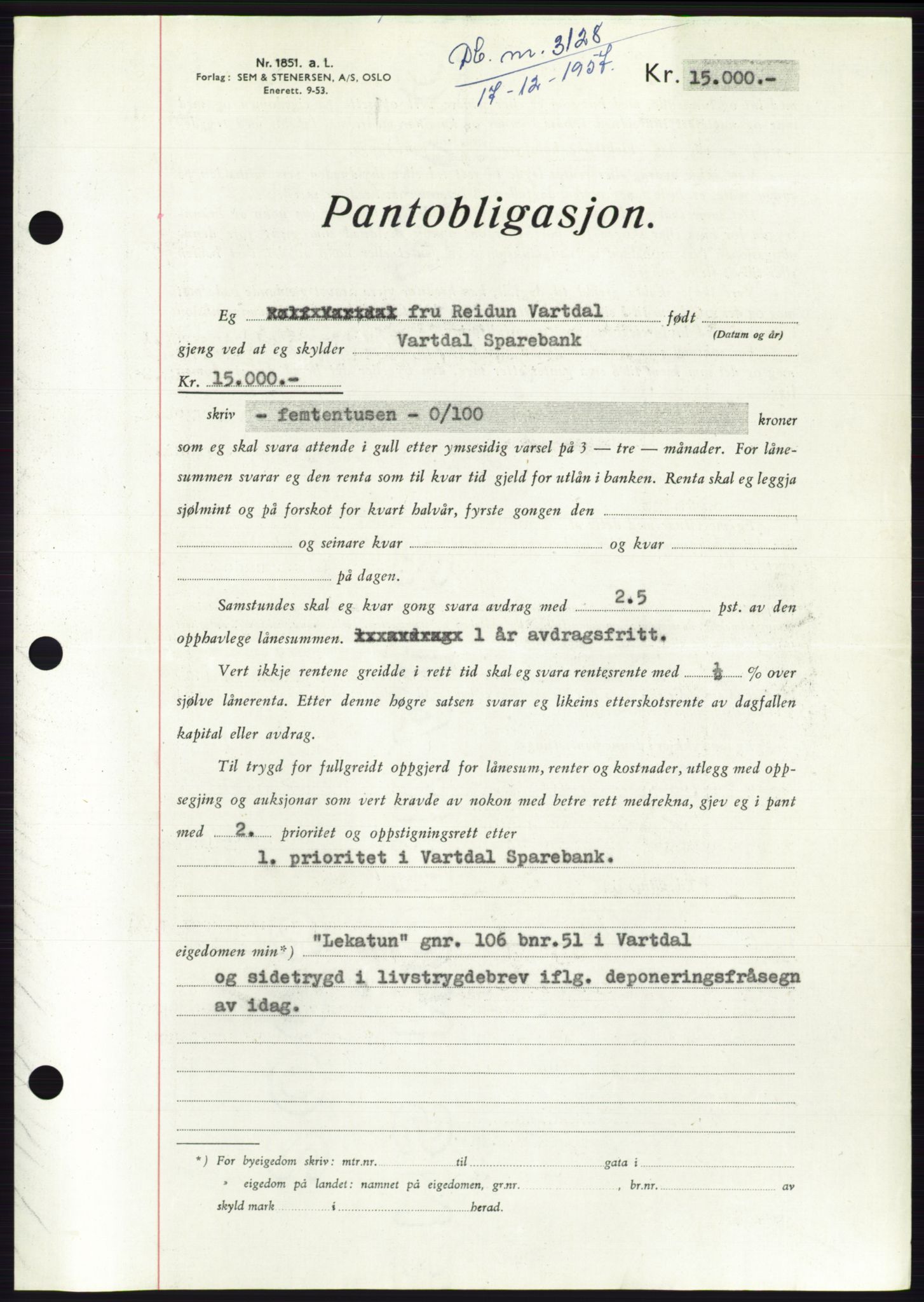 Søre Sunnmøre sorenskriveri, AV/SAT-A-4122/1/2/2C/L0130: Mortgage book no. 18B, 1957-1958, Diary no: : 3128/1957