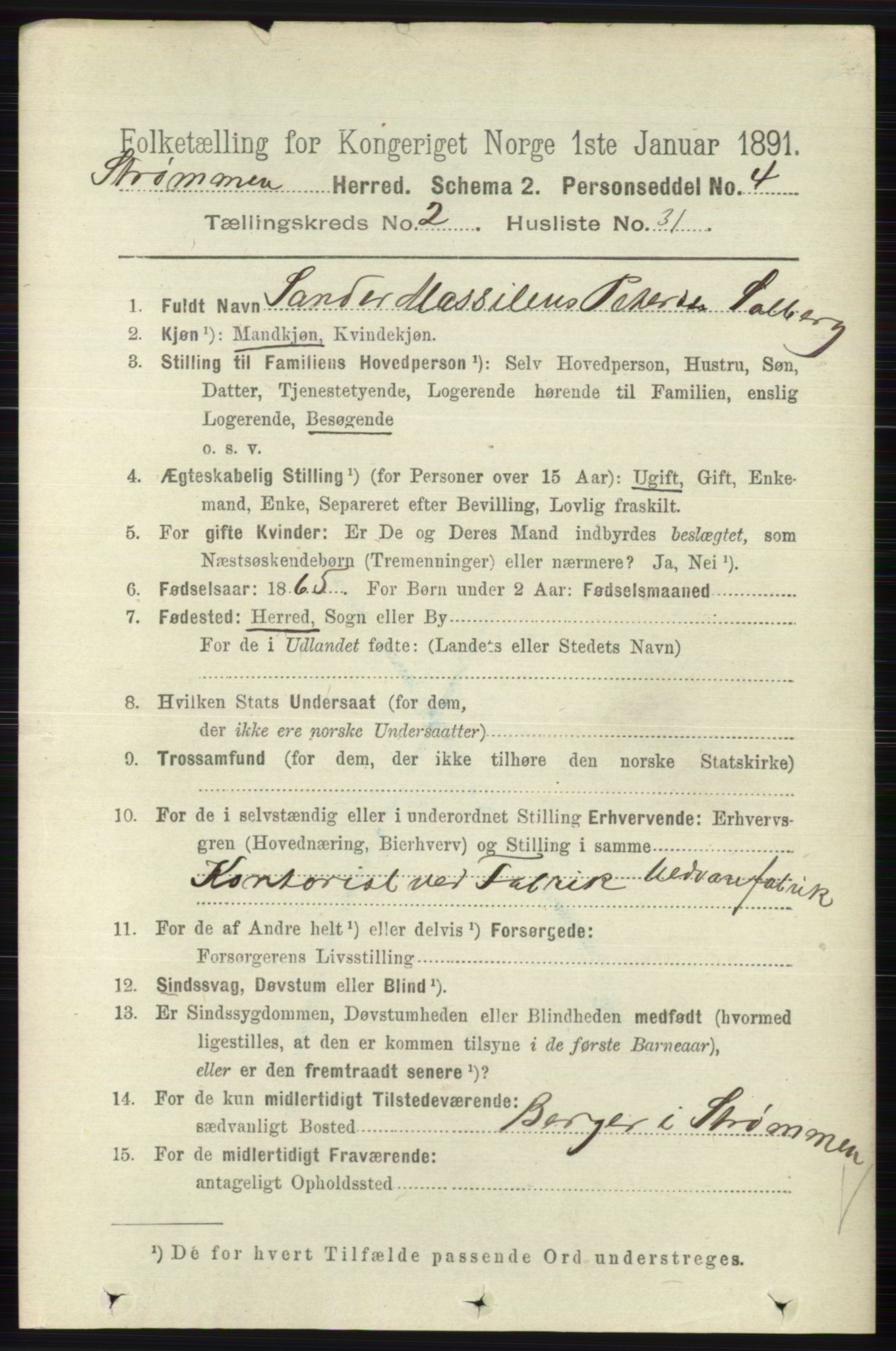 RA, 1891 census for 0711 Strømm, 1891, p. 875