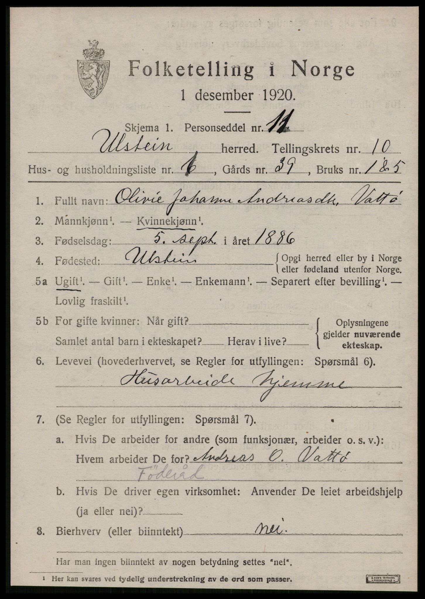 SAT, 1920 census for Ulstein, 1920, p. 5334