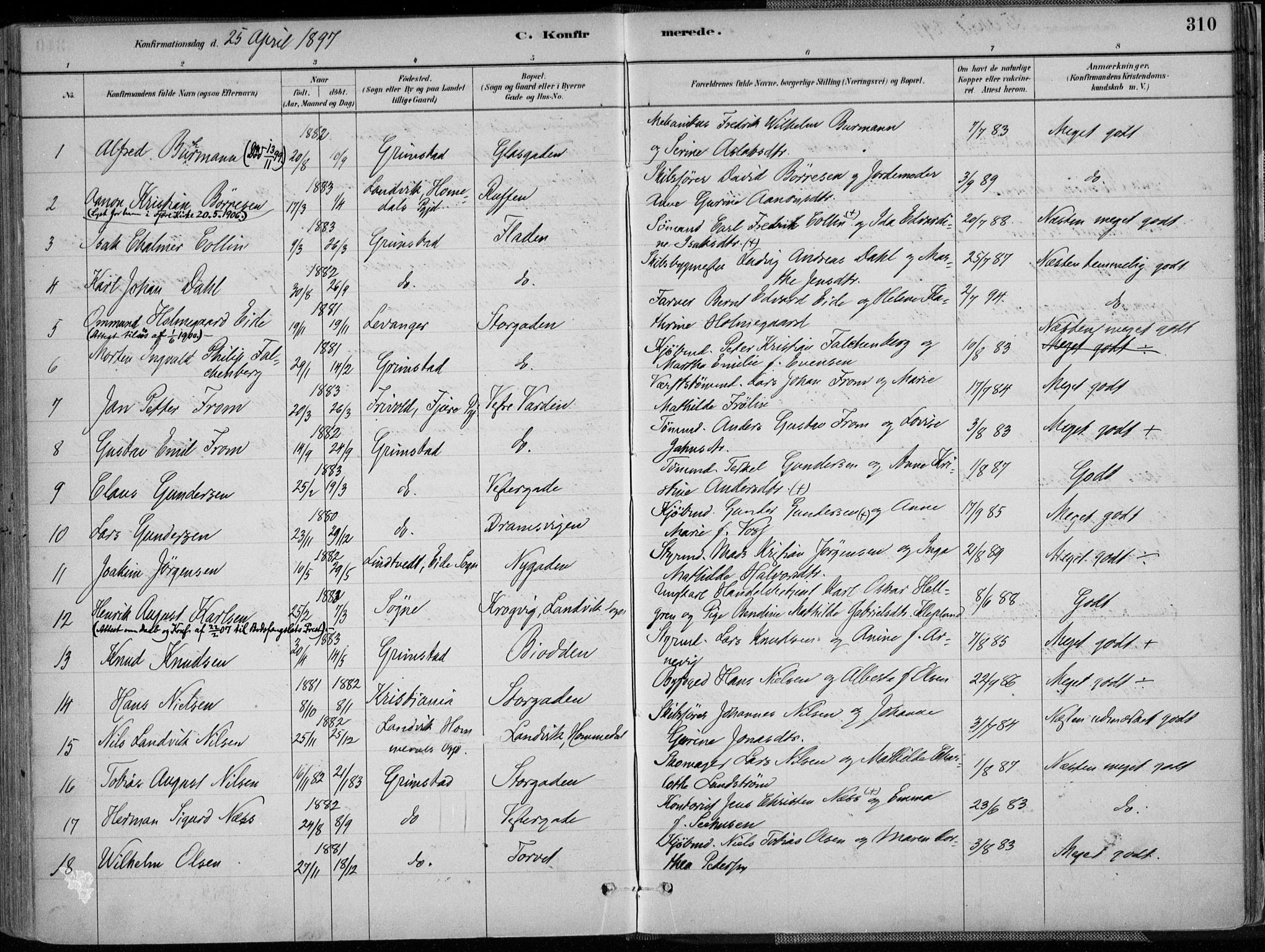 Grimstad sokneprestkontor, SAK/1111-0017/F/Fa/L0003: Parish register (official) no. A 2, 1882-1912, p. 310