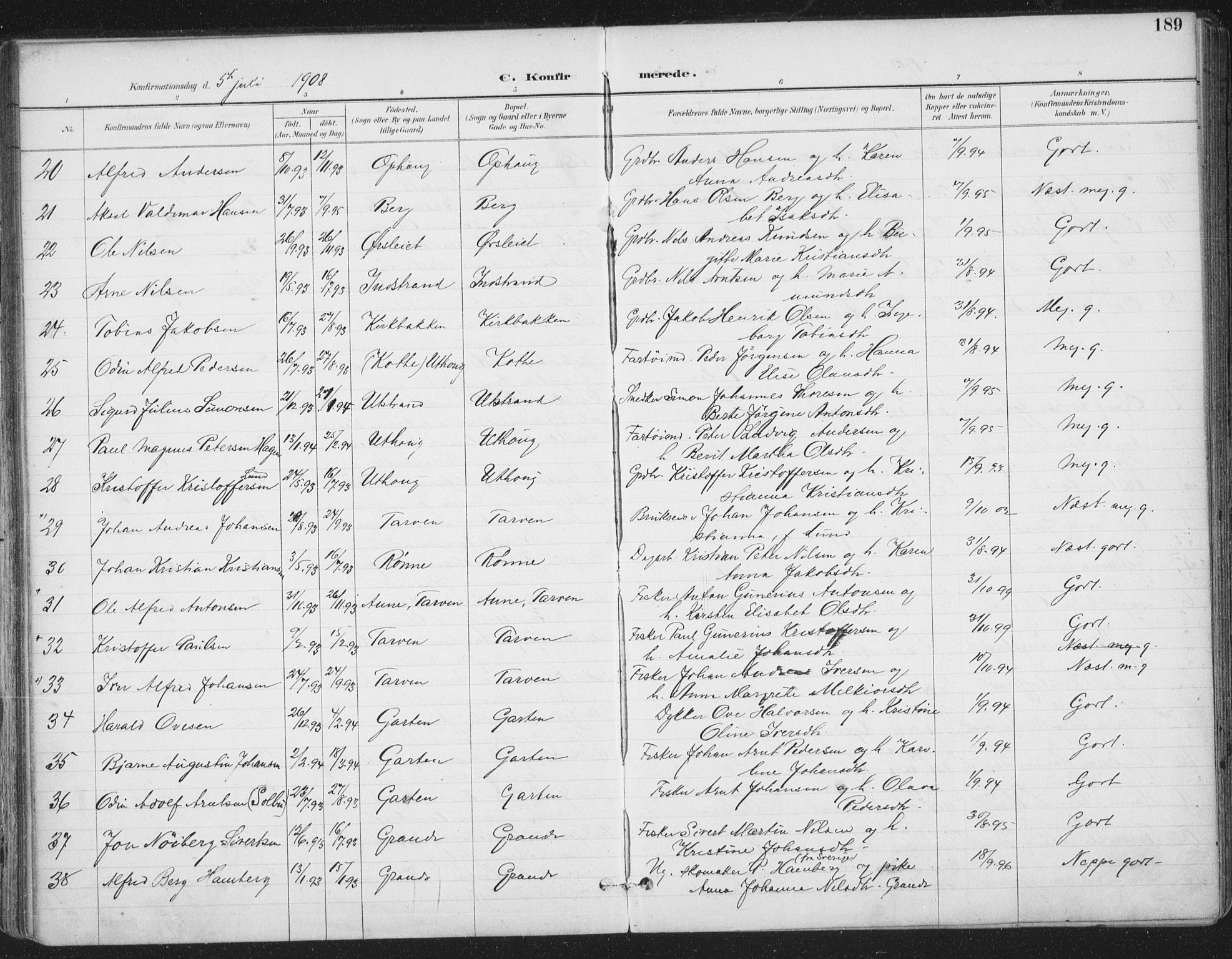 Ministerialprotokoller, klokkerbøker og fødselsregistre - Sør-Trøndelag, SAT/A-1456/659/L0743: Parish register (official) no. 659A13, 1893-1910, p. 189
