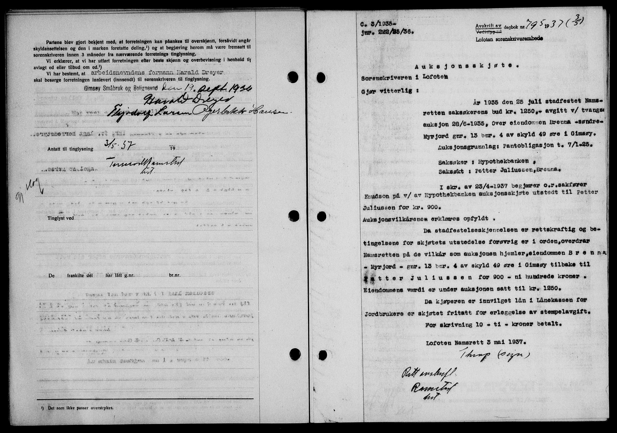 Lofoten sorenskriveri, SAT/A-0017/1/2/2C/L0002a: Mortgage book no. 2a, 1937-1937, Diary no: : 795/1937