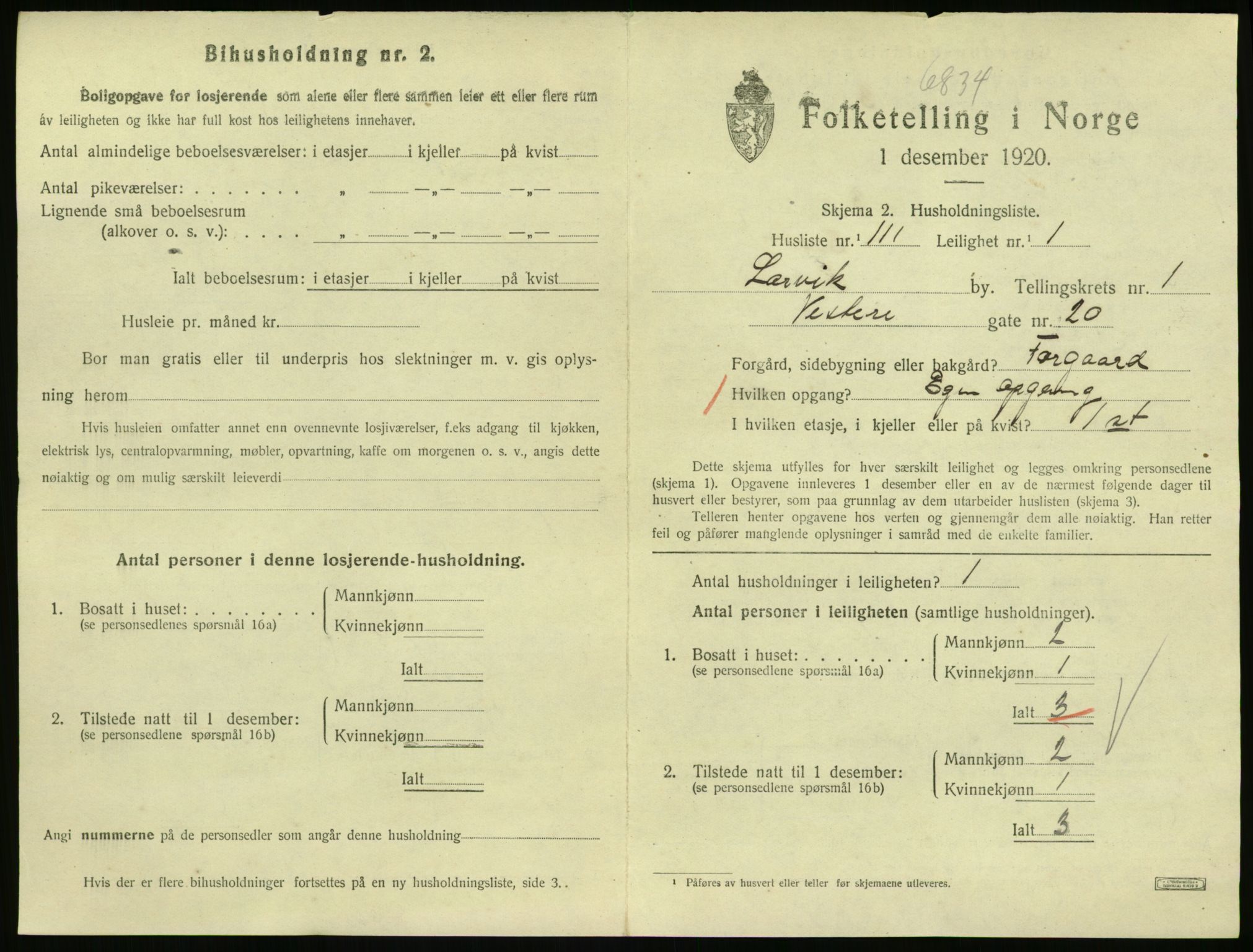 SAKO, 1920 census for Larvik, 1920, p. 3422