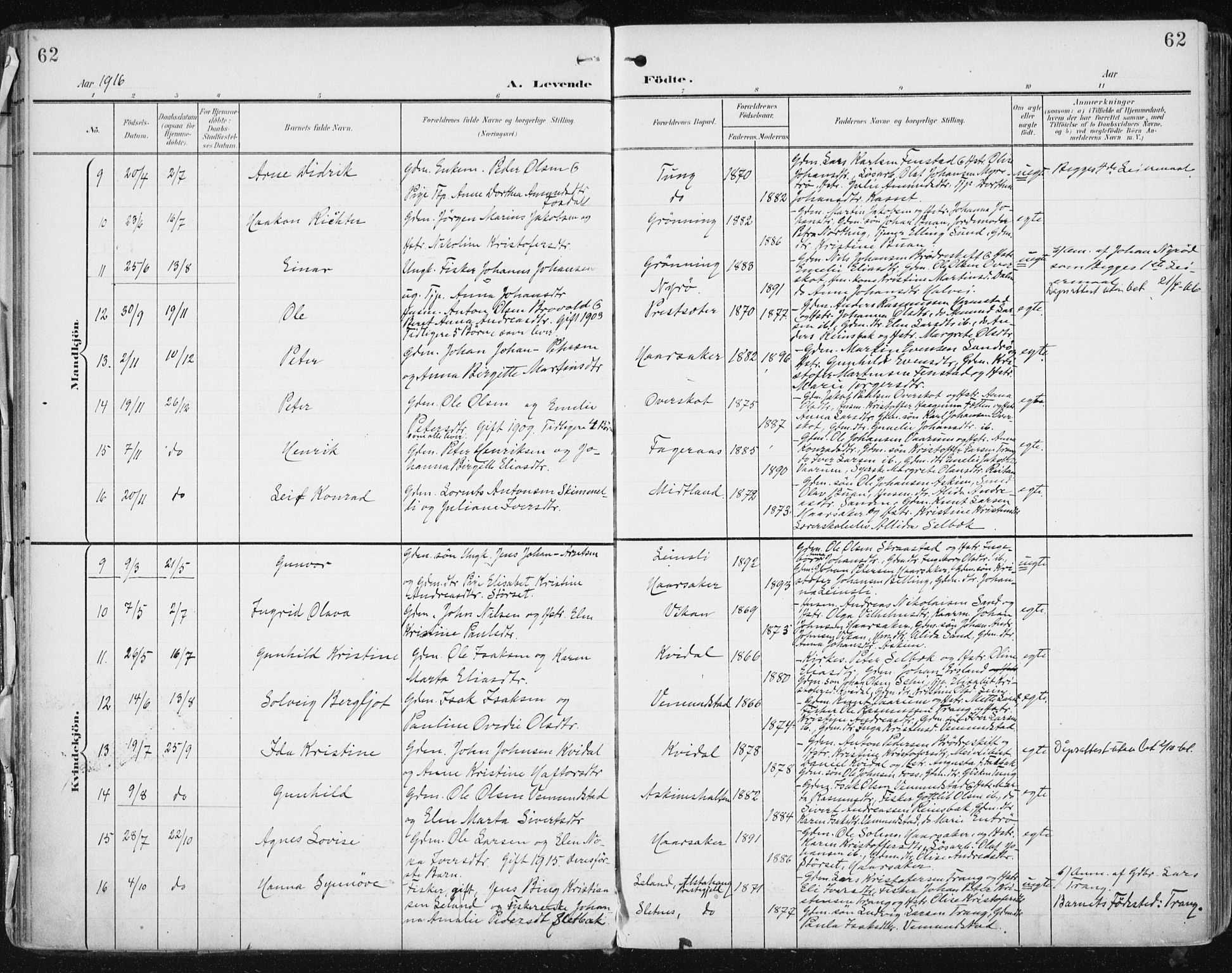 Ministerialprotokoller, klokkerbøker og fødselsregistre - Sør-Trøndelag, SAT/A-1456/646/L0616: Parish register (official) no. 646A14, 1900-1918, p. 62