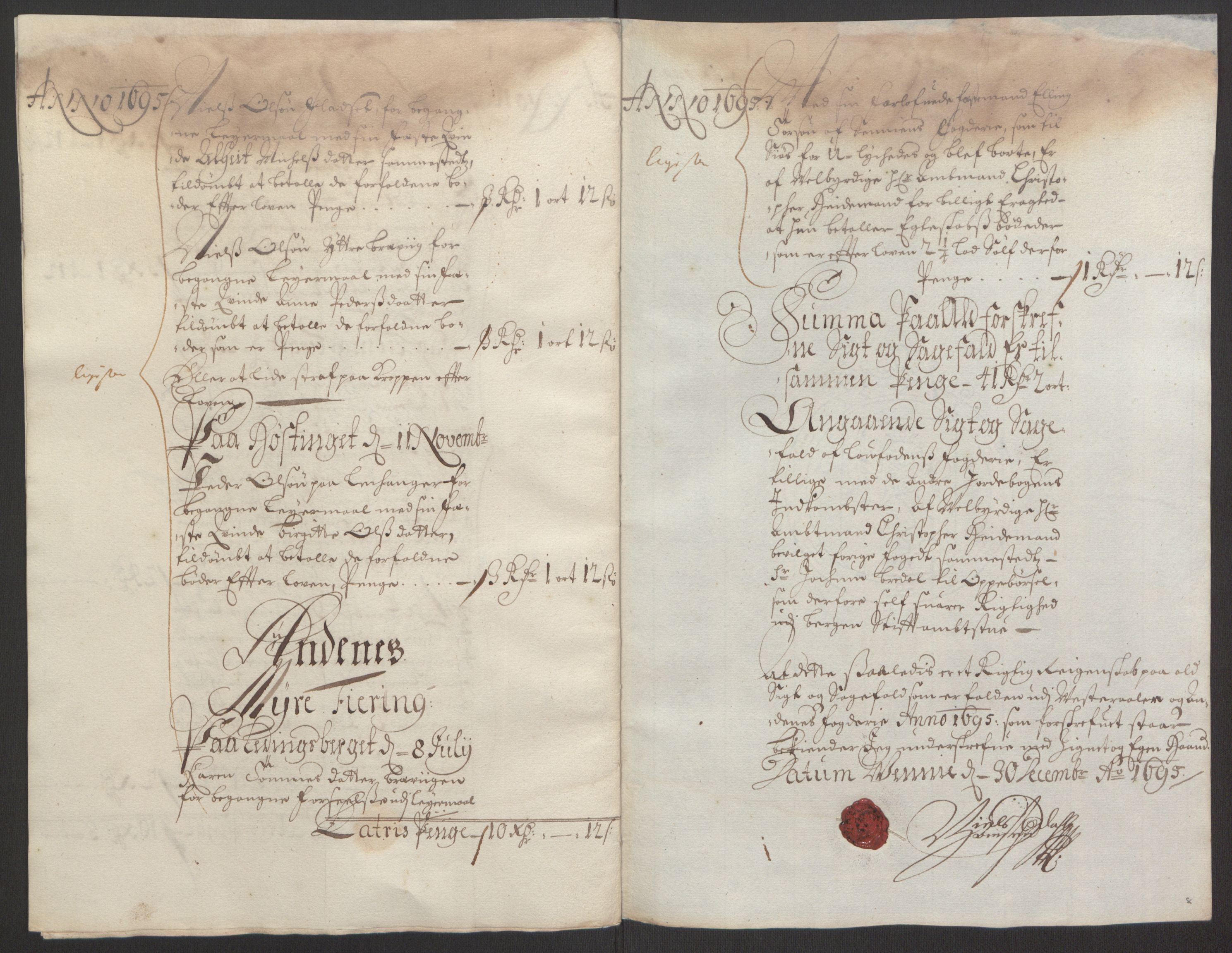 Rentekammeret inntil 1814, Reviderte regnskaper, Fogderegnskap, AV/RA-EA-4092/R67/L4677: Fogderegnskap Vesterålen, Andenes og Lofoten, 1694-1695, p. 312