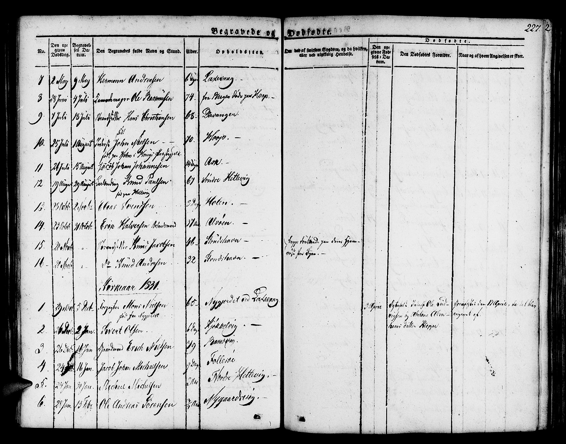 Askøy Sokneprestembete, SAB/A-74101/H/Ha/Haa/Haaa/L0004: Parish register (official) no. A 4, 1825-1845, p. 227