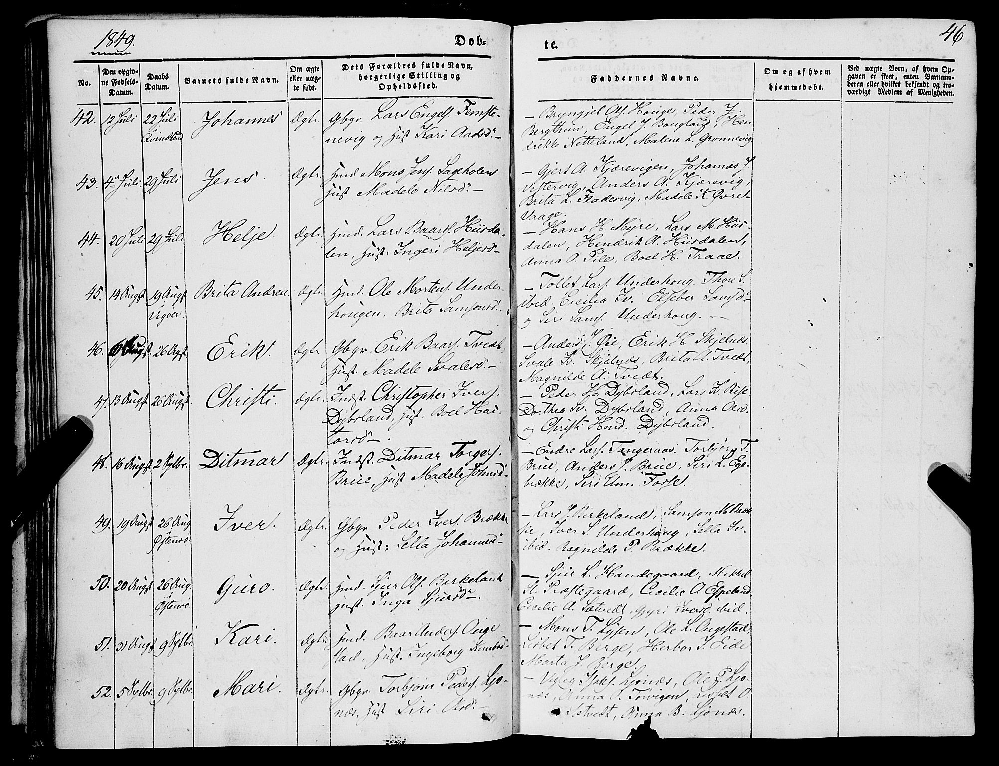 Strandebarm sokneprestembete, AV/SAB-A-78401/H/Haa: Parish register (official) no. A 7, 1844-1872, p. 46