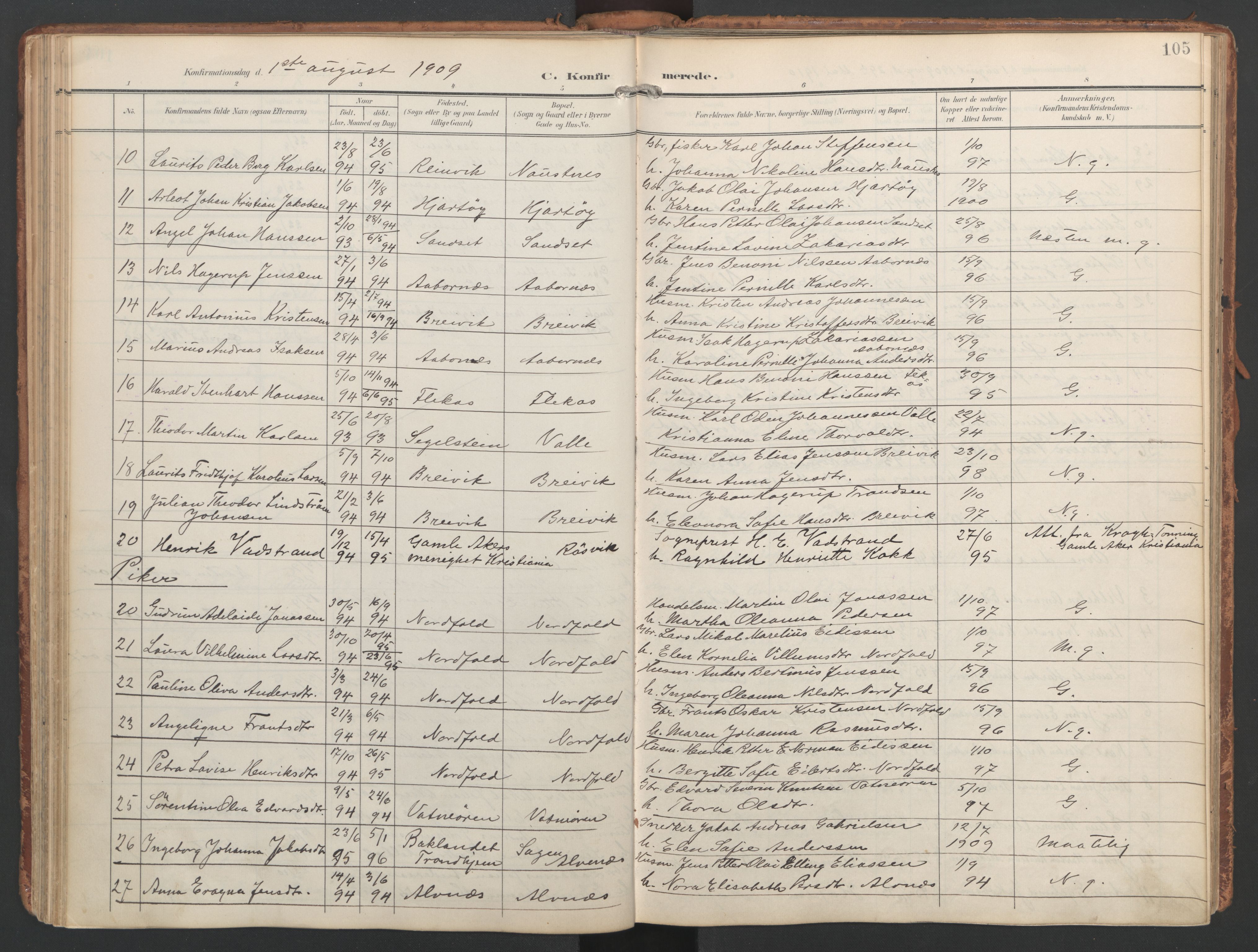 Ministerialprotokoller, klokkerbøker og fødselsregistre - Nordland, AV/SAT-A-1459/858/L0832: Parish register (official) no. 858A02, 1902-1915, p. 105