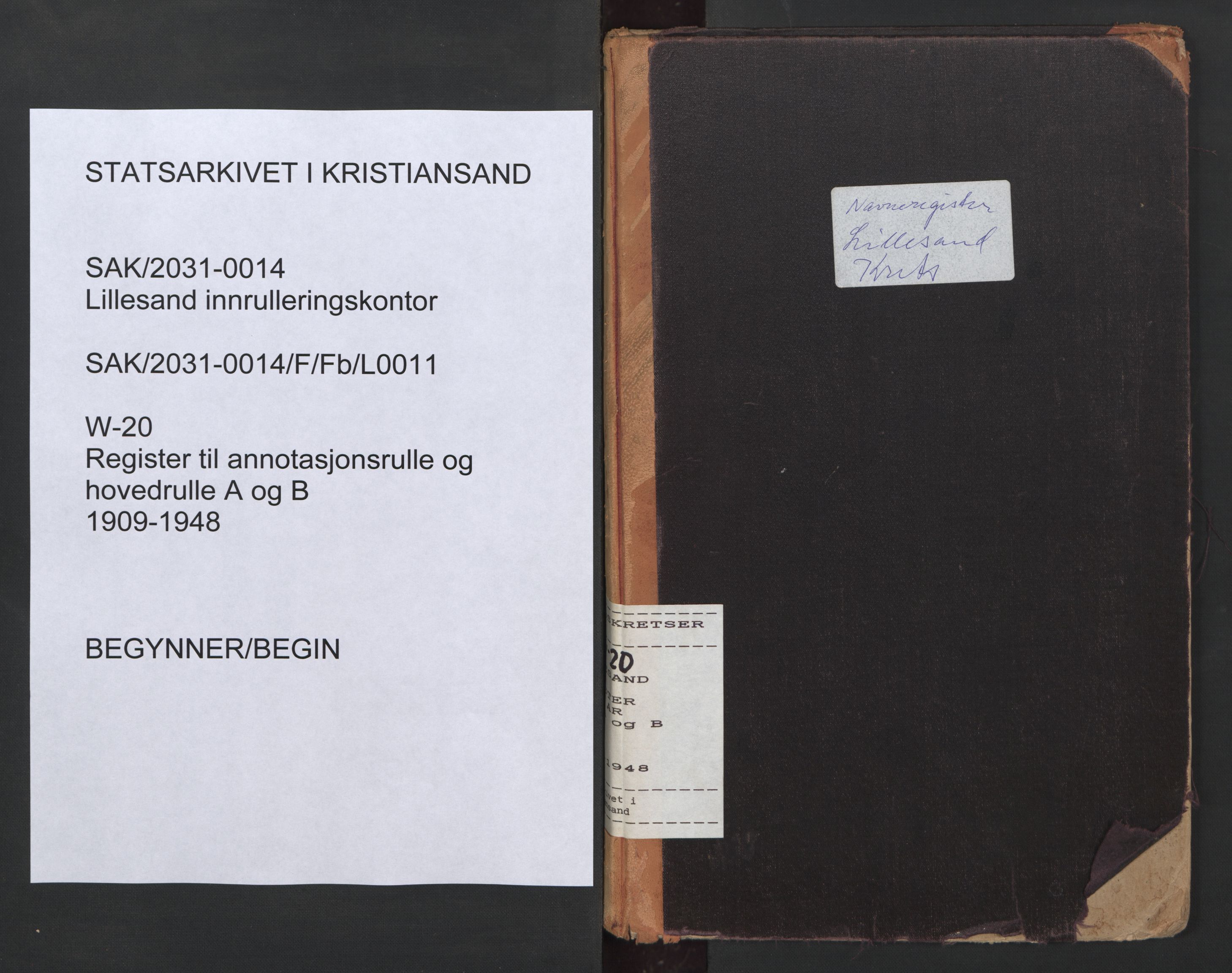 Lillesand mønstringskrets, SAK/2031-0014/F/Fb/L0011: Register til annotasjonsrulle og hovedrulle A og B, W-20, 1909-1948, p. 1