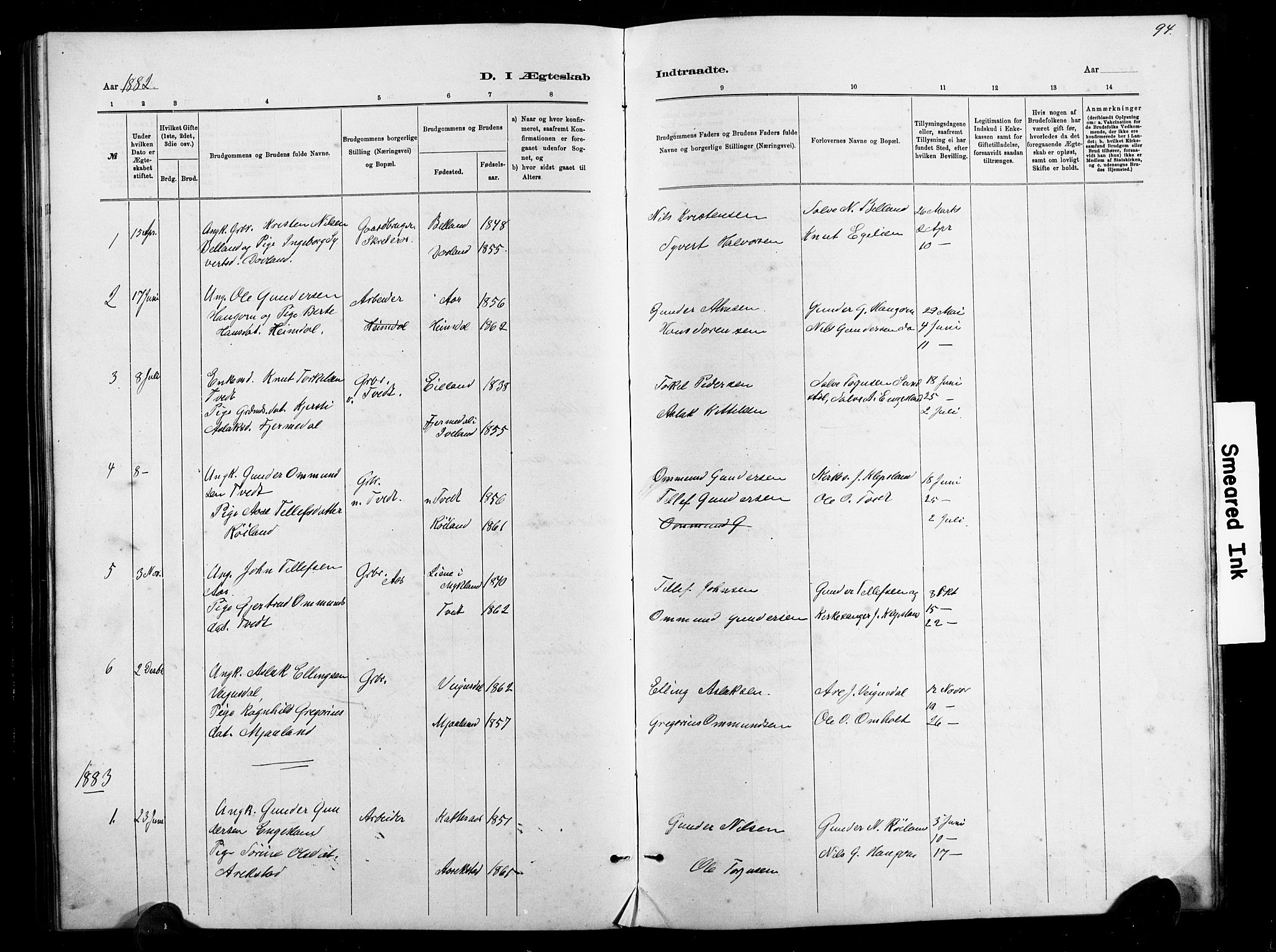 Herefoss sokneprestkontor, SAK/1111-0019/F/Fb/Fbb/L0002: Parish register (copy) no. B 2, 1879-1894, p. 94