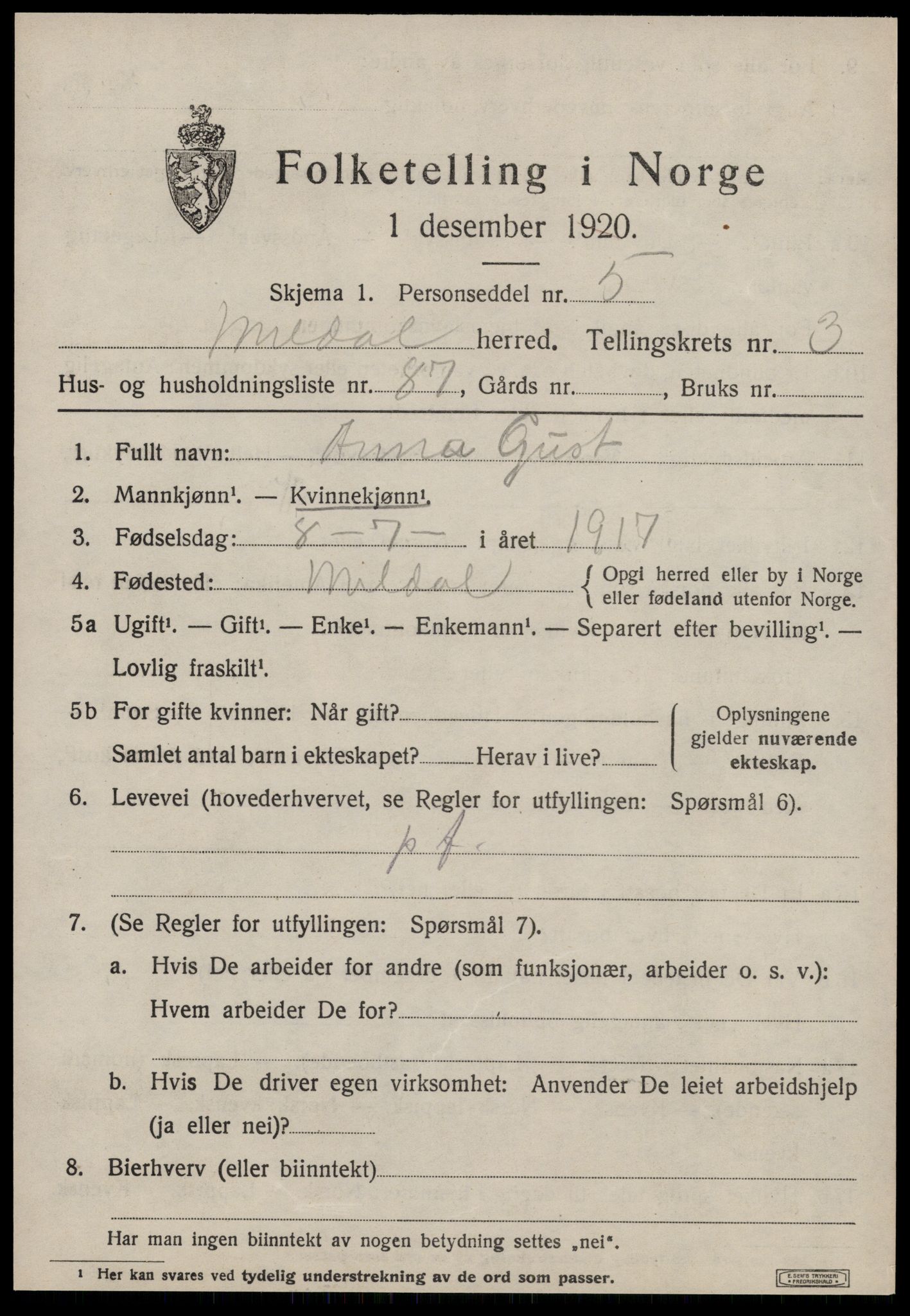 SAT, 1920 census for Meldal, 1920, p. 3627