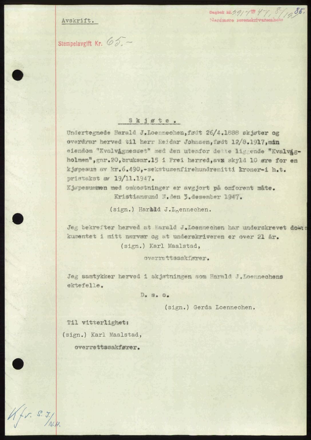 Nordmøre sorenskriveri, AV/SAT-A-4132/1/2/2Ca: Mortgage book no. A107, 1947-1948, Diary no: : 2917/1947