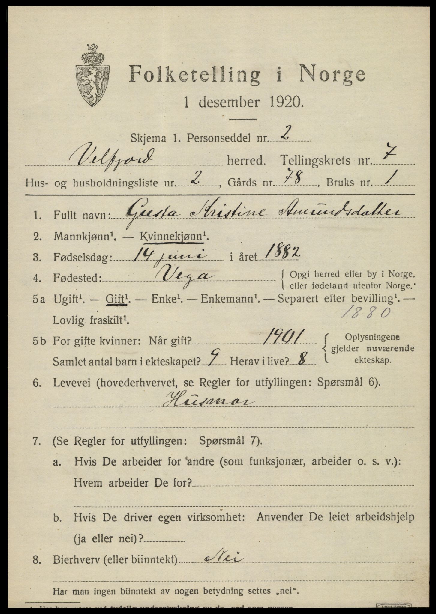 SAT, 1920 census for Velfjord, 1920, p. 3511