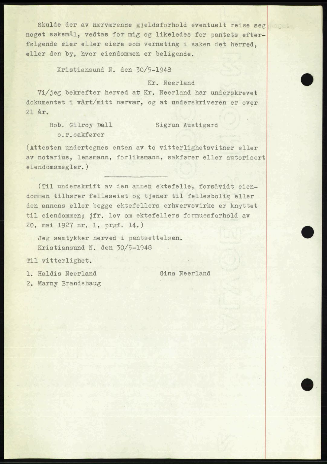 Kristiansund byfogd, AV/SAT-A-4587/A/27: Mortgage book no. 44, 1947-1948, Diary no: : 784/1948
