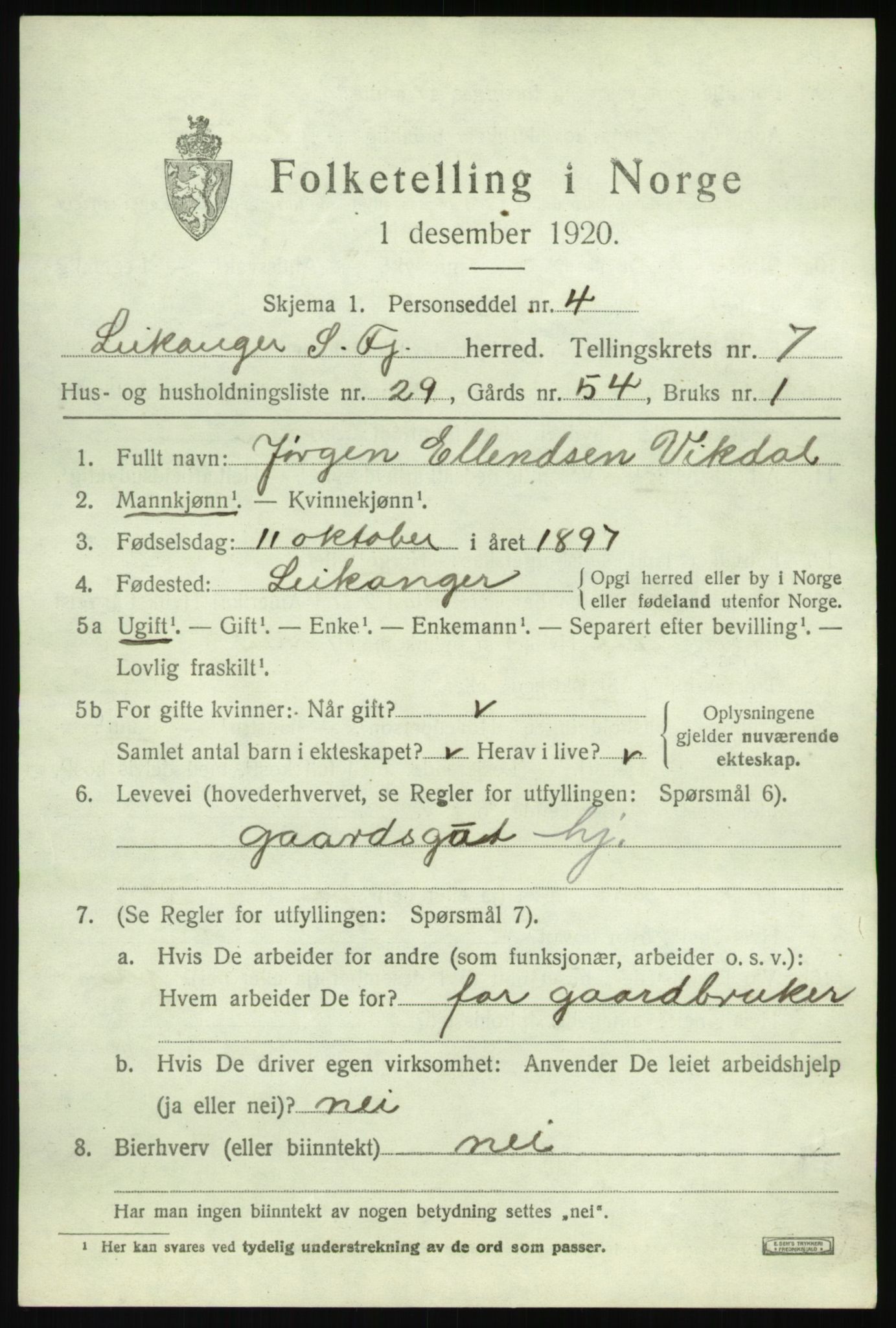 SAB, 1920 census for Leikanger, 1920, p. 4880