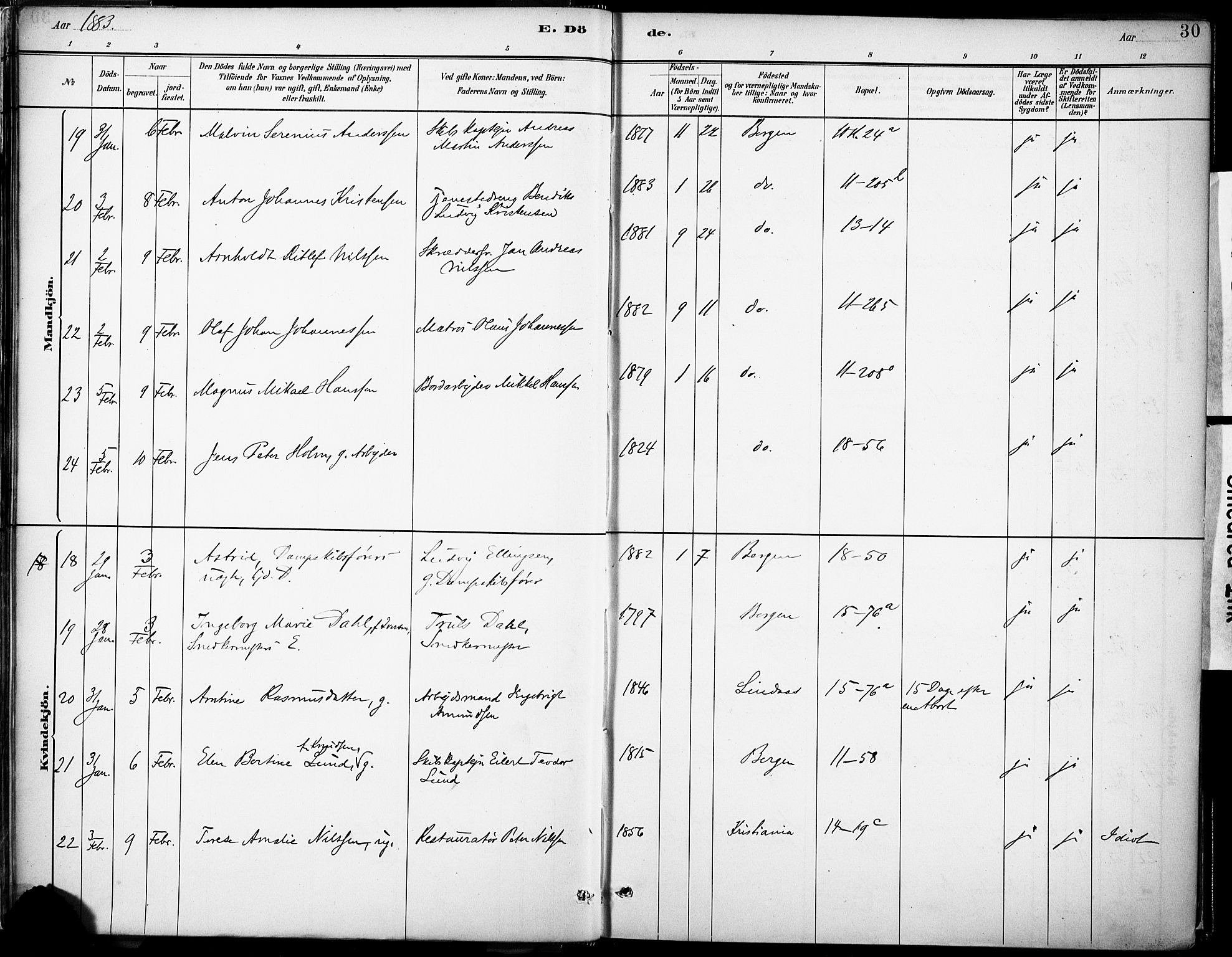 Domkirken sokneprestembete, AV/SAB-A-74801/H/Haa/L0043: Parish register (official) no. E 5, 1882-1904, p. 30