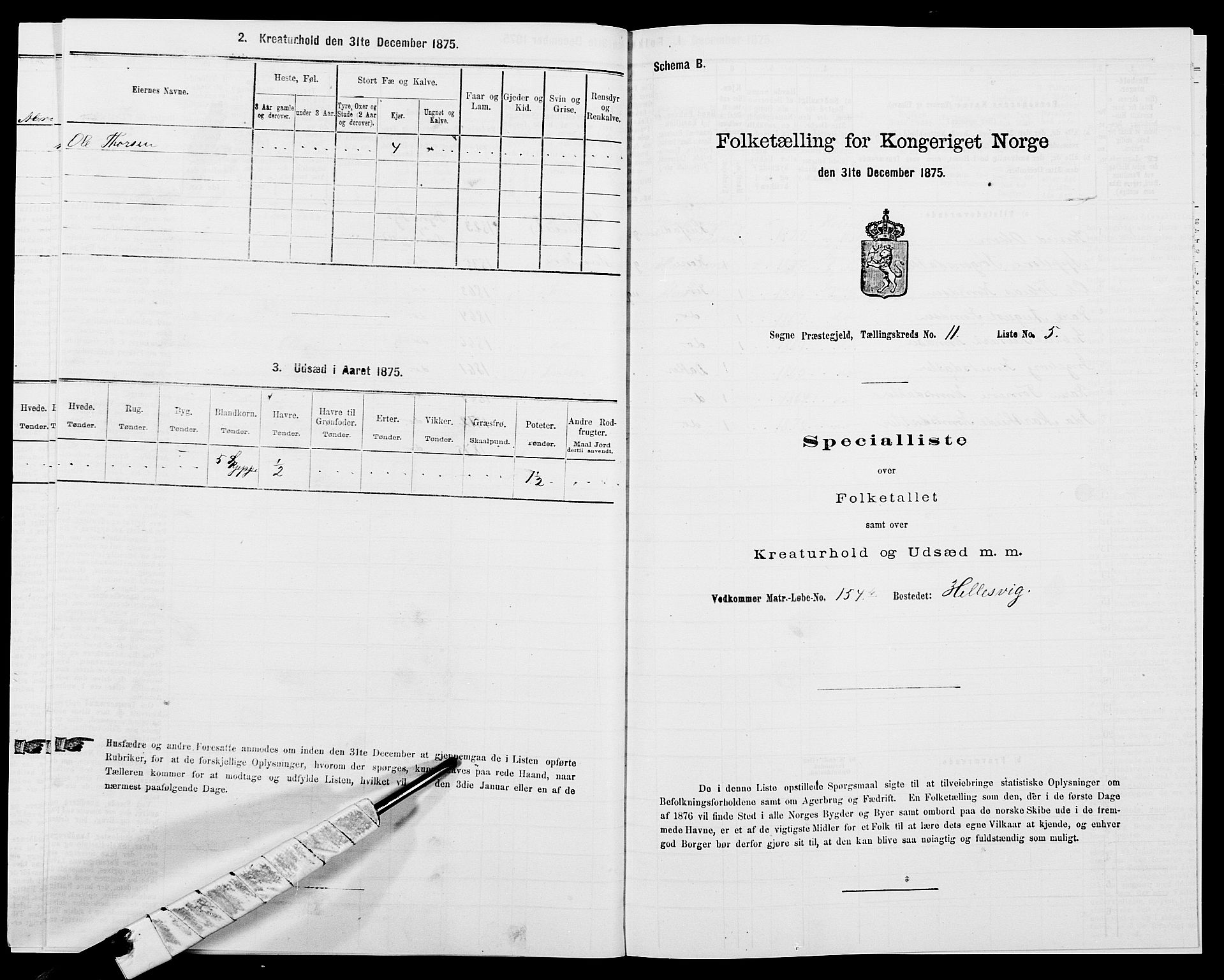 SAK, 1875 census for 1018P Søgne, 1875, p. 845