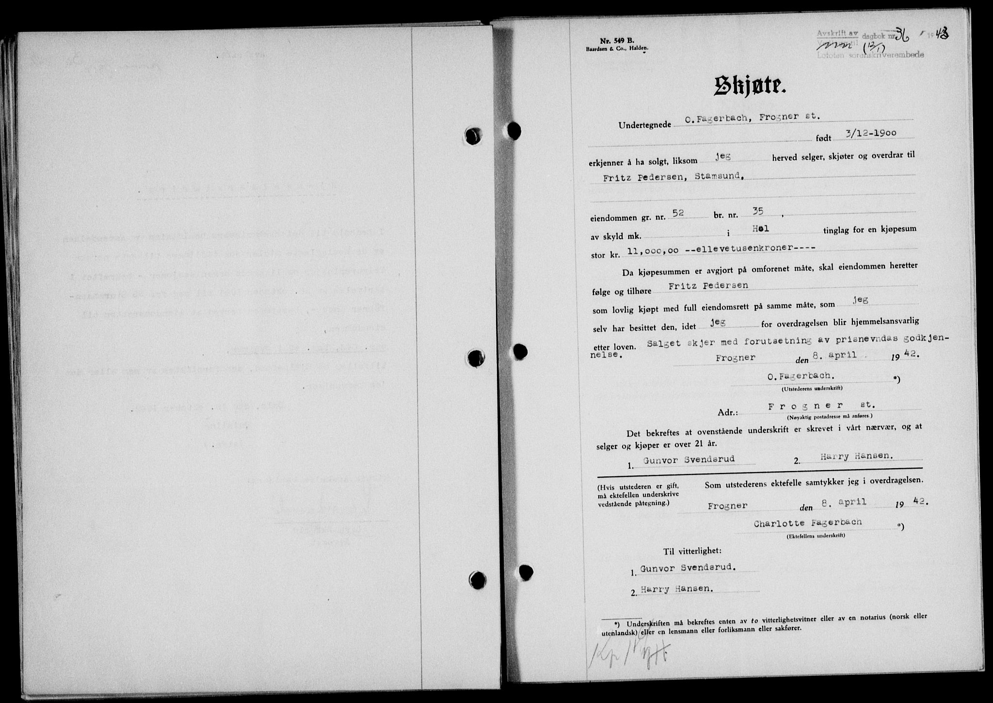 Lofoten sorenskriveri, SAT/A-0017/1/2/2C/L0010a: Mortgage book no. 10a, 1942-1943, Diary no: : 36/1943
