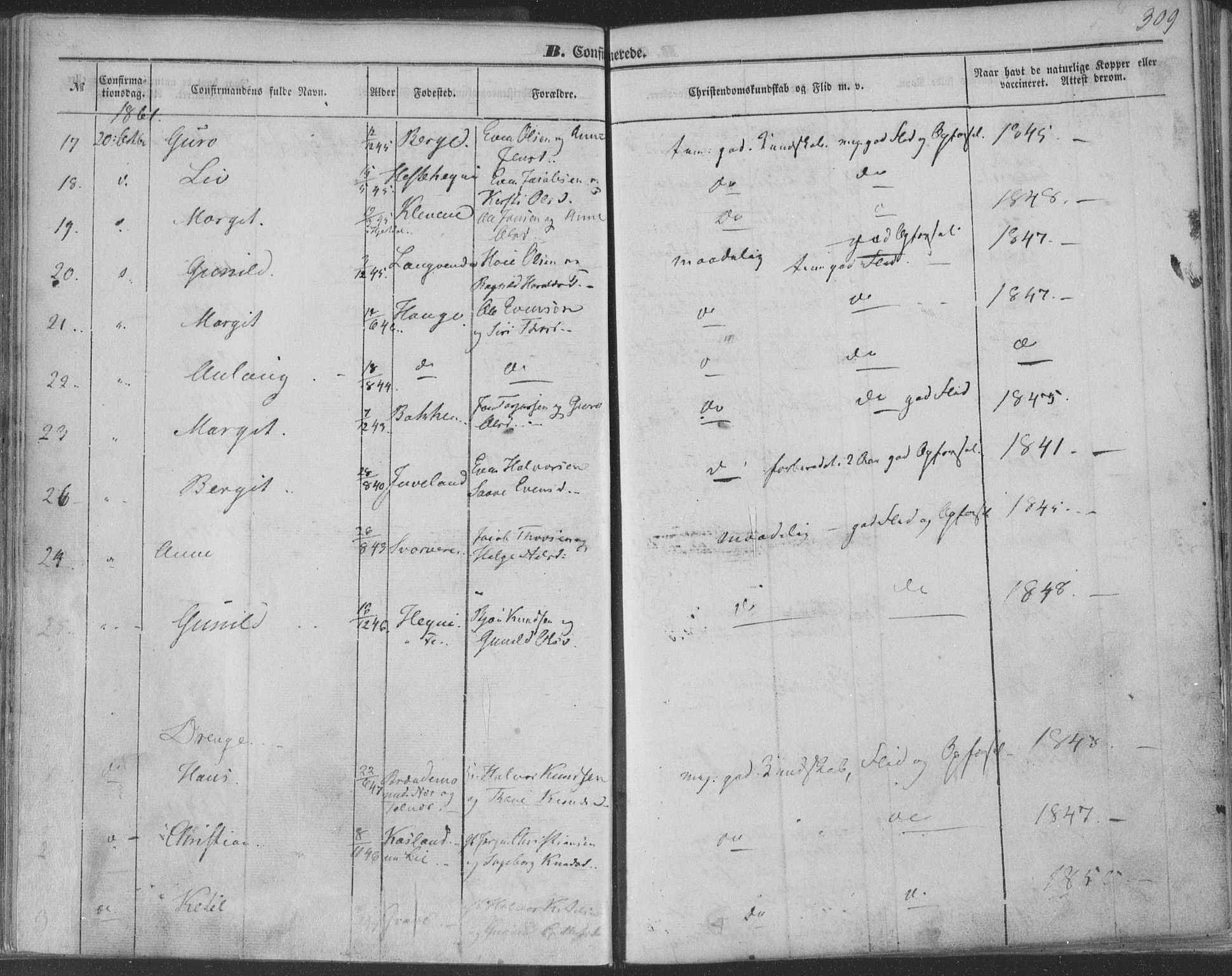 Seljord kirkebøker, AV/SAKO-A-20/F/Fa/L012b: Parish register (official) no. I 12B, 1850-1865, p. 309