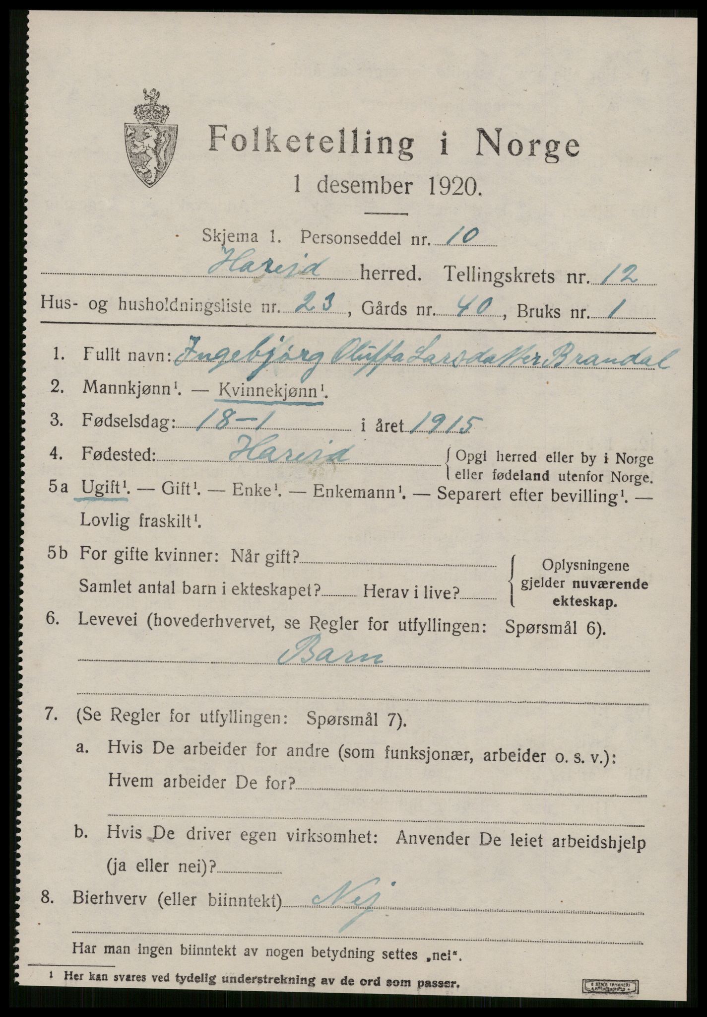 SAT, 1920 census for Hareid, 1920, p. 4921