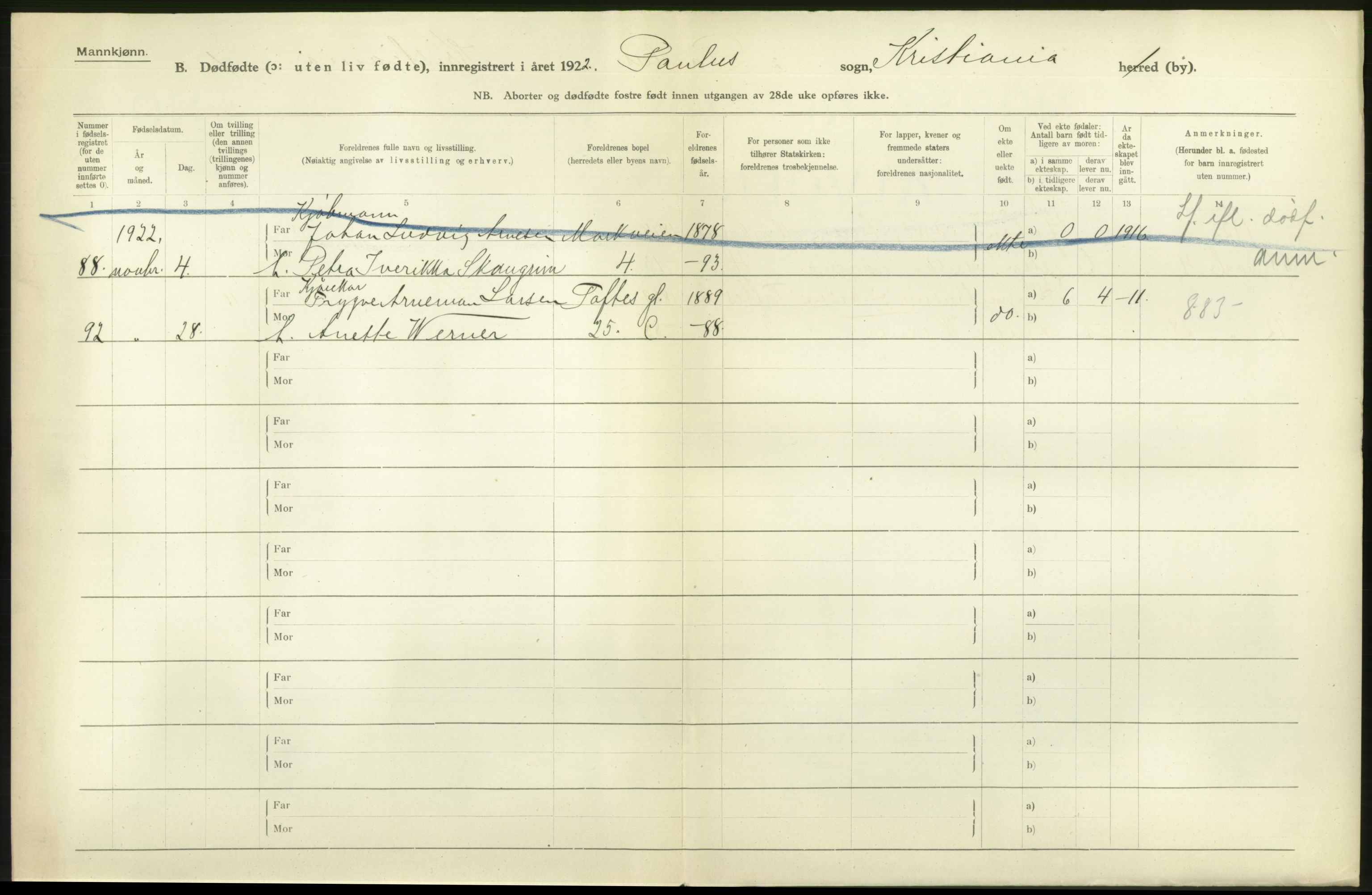 Statistisk sentralbyrå, Sosiodemografiske emner, Befolkning, AV/RA-S-2228/D/Df/Dfc/Dfcb/L0010: Kristiania: Døde, dødfødte, 1922, p. 14
