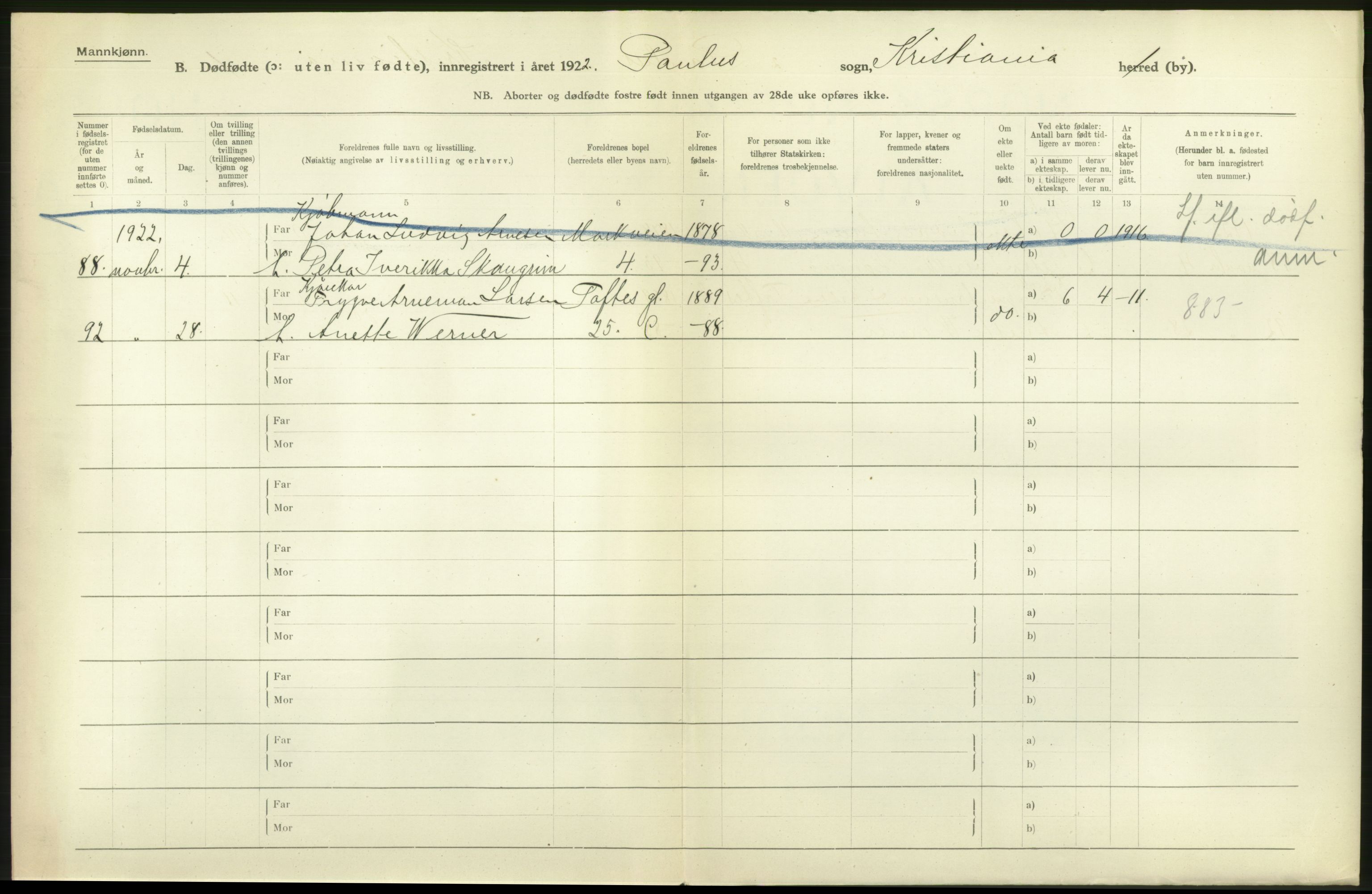 Statistisk sentralbyrå, Sosiodemografiske emner, Befolkning, RA/S-2228/D/Df/Dfc/Dfcb/L0010: Kristiania: Døde, dødfødte, 1922, p. 14