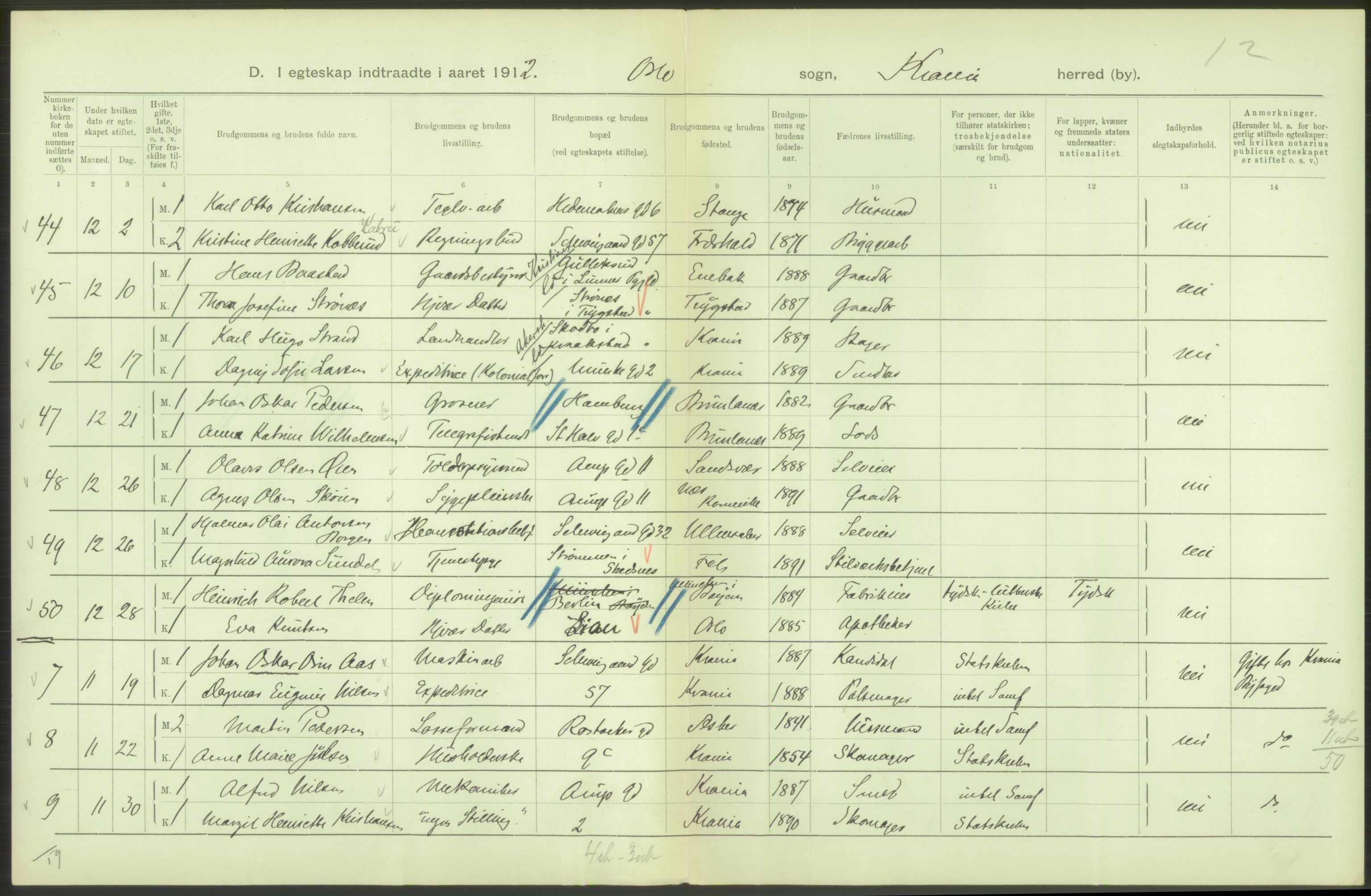 Statistisk sentralbyrå, Sosiodemografiske emner, Befolkning, RA/S-2228/D/Df/Dfb/Dfbb/L0008: Kristiania: Gifte, 1912, p. 60