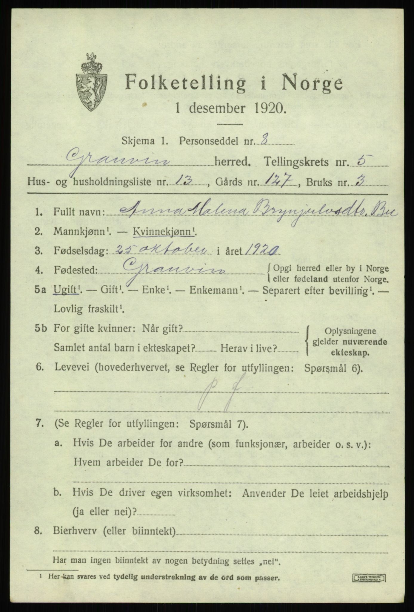 SAB, 1920 census for Granvin, 1920, p. 2516