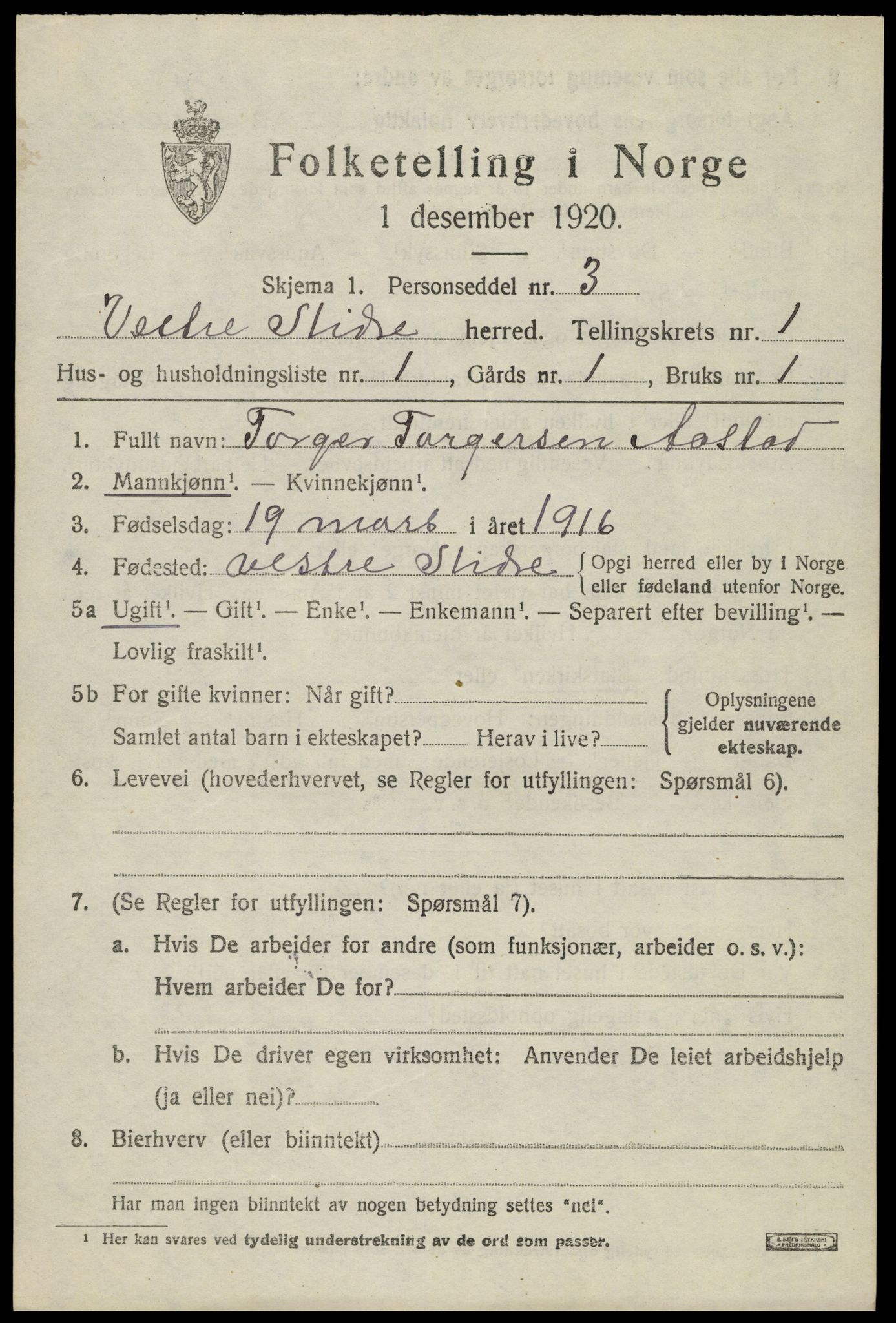 SAH, 1920 census for Vestre Slidre, 1920, p. 998