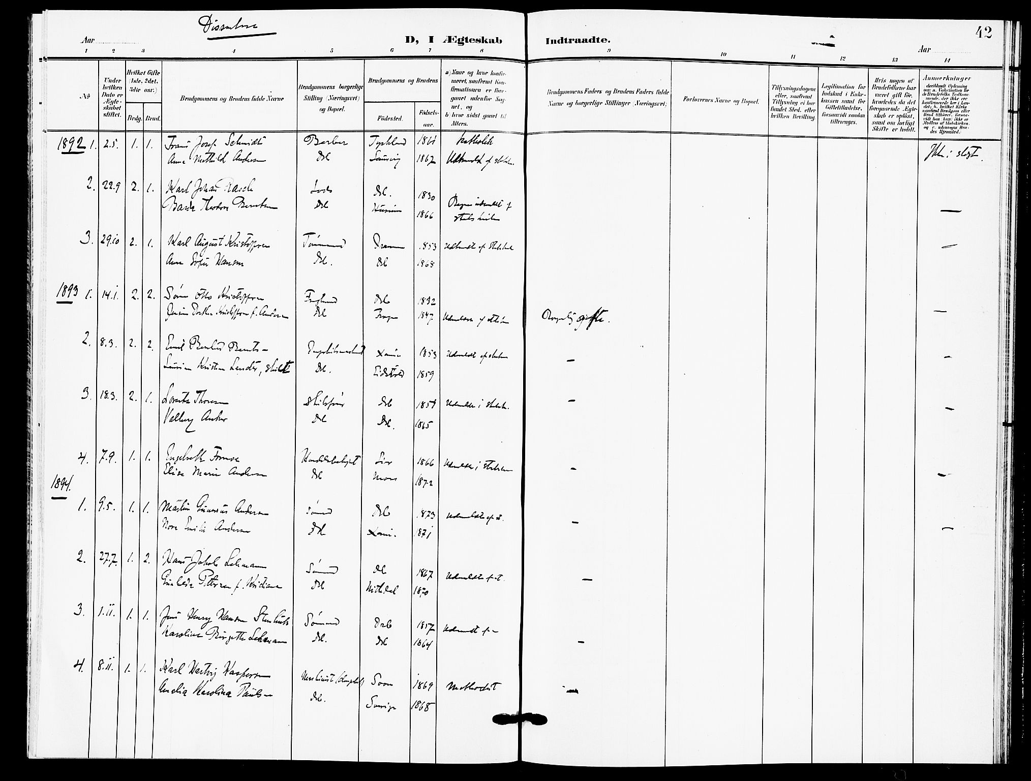 Drøbak prestekontor Kirkebøker, SAO/A-10142a/F/Fb/L0002: Parish register (official) no. II 2, 1891-1896, p. 42