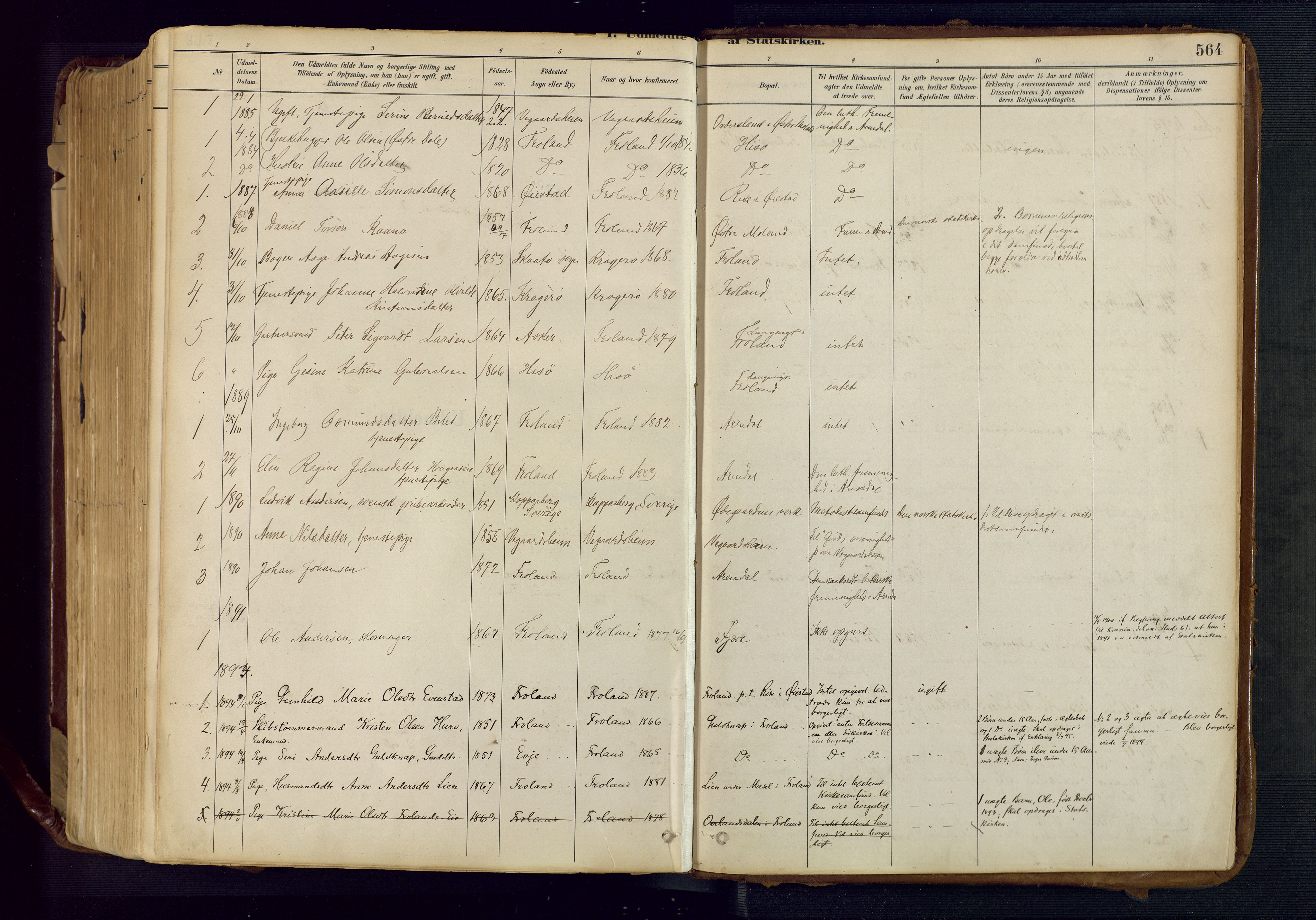 Froland sokneprestkontor, SAK/1111-0013/F/Fa/L0005: Parish register (official) no. A 5, 1882-1921, p. 564